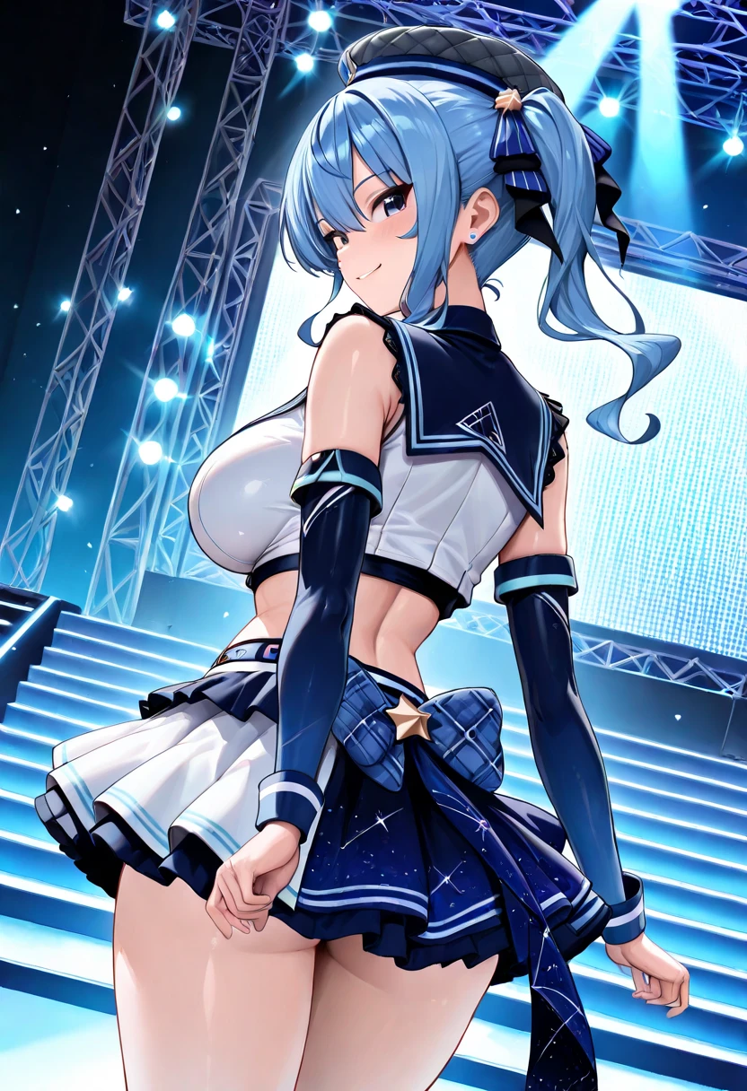 twintails, hair ornament, aqua hair, hair bobbles, short hair, aqua eyes,,, large breasts, lie, , solo ,nipple ,seifuku