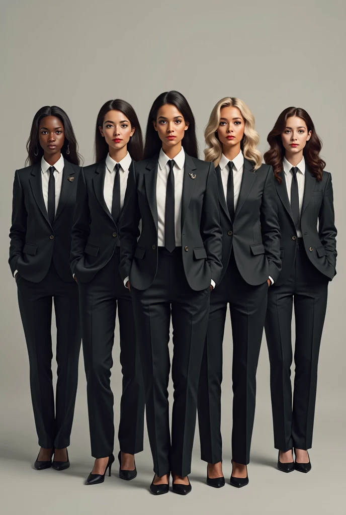 fullbody formal class business females  tomboy crew huddle very close in suits leaning on each other gangsta energetic lively hip hop stance, impossible badass choreography gang signs shaded room dark shadows cinematic