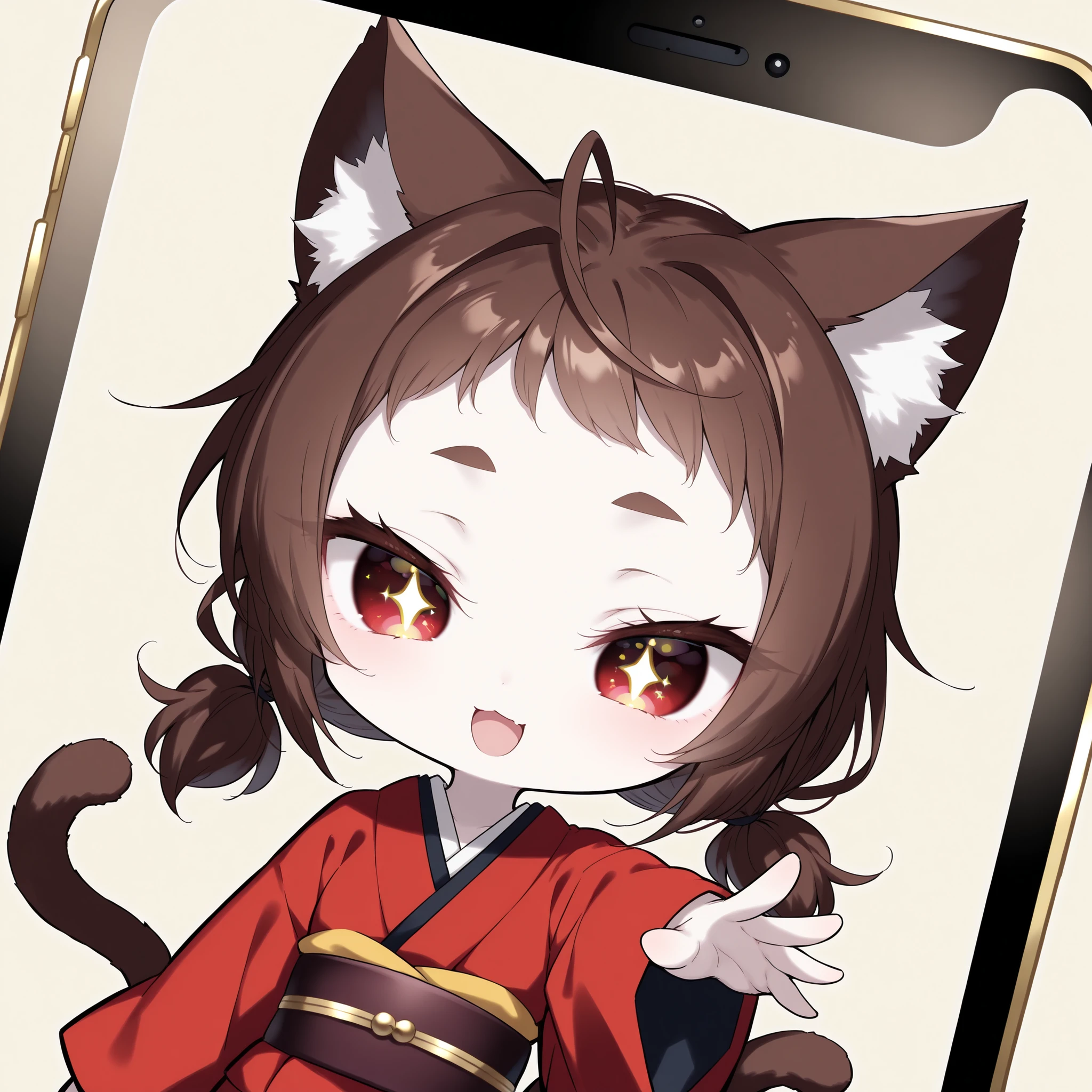 Simple background, smartphone, pale skin, dutch angle, (solo, 1girl, solo, 1girl, nekomata, red eyes, dark brown hair, low twintails, short twintails, very short bangs, cat ears, white fur inside cat ears), (((chibi, thin, petite, short))), (red kimono), half body emerging from smartphone screen, one hand reaching out, hair flowing out of screen, ((two brown cat tails)), big eyes, half closed eyes, cat eyes, eyelashes, lower eyelashes, (((gold pupils))), curious, playful smile, gold sparkling eyes, open mouth
