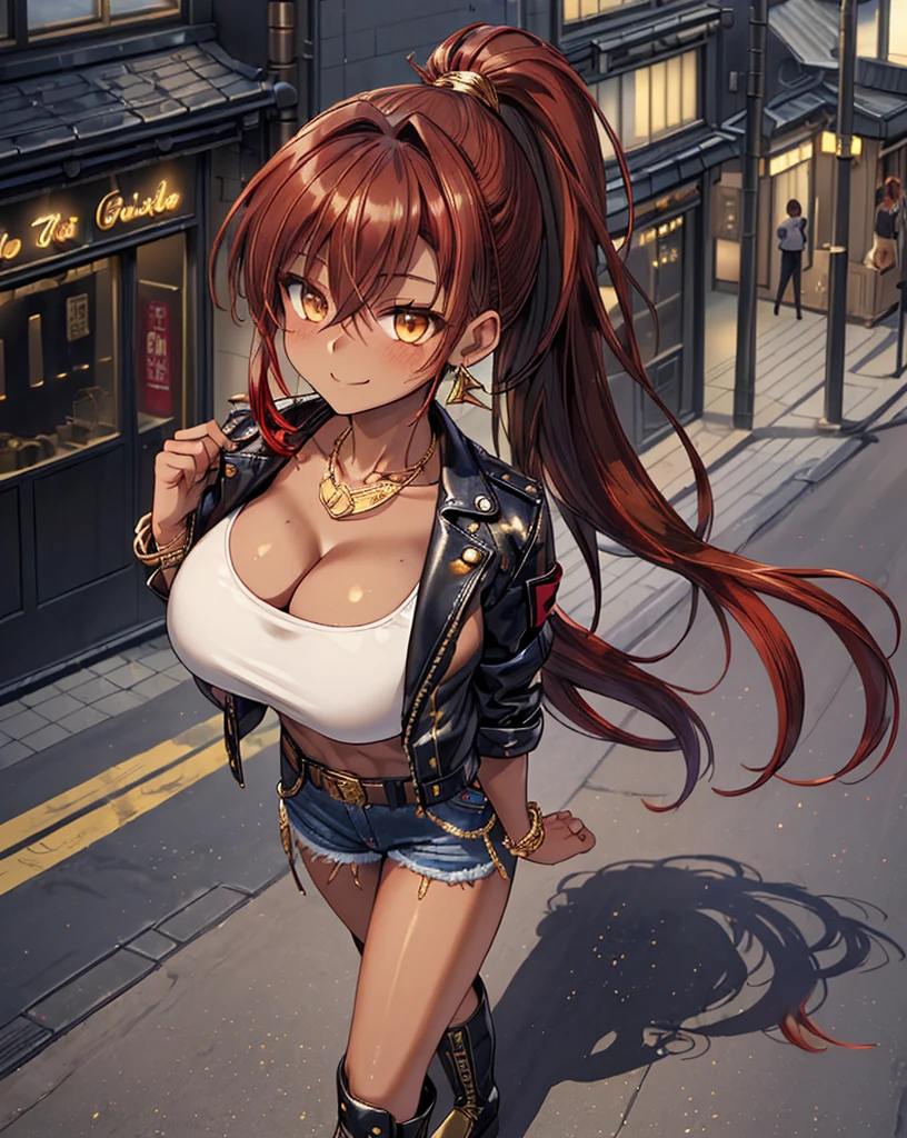 (masterpiece), best quality, expressive eyes, perfect face,(fox girl, Fox ears, fox tail),dark red hair, shorts, belt, cleavage,big breasts,((white shirt:1.2)),(red bikini top under shirt),(bare shoulders),crystal pendant,bracelet,smiles,city street,standing,sexy pose