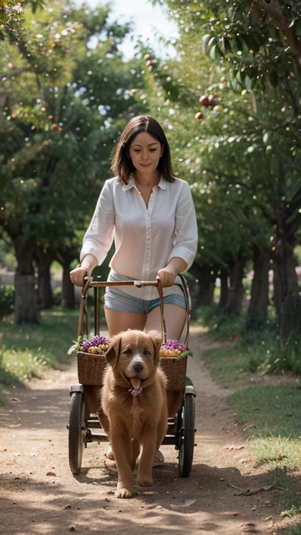 (Best quality, masterpiece, 8k,32k, UHD:1.2), 1 naked girl, (solo), photo of a beautiful Japanese, (full naked, drooping large breasts, thighs, legs, heels, shiny pale skin), detailed face, double eyelid, short brown hair, pubic hair, full body shot, walking with a dog, brown dachshund,