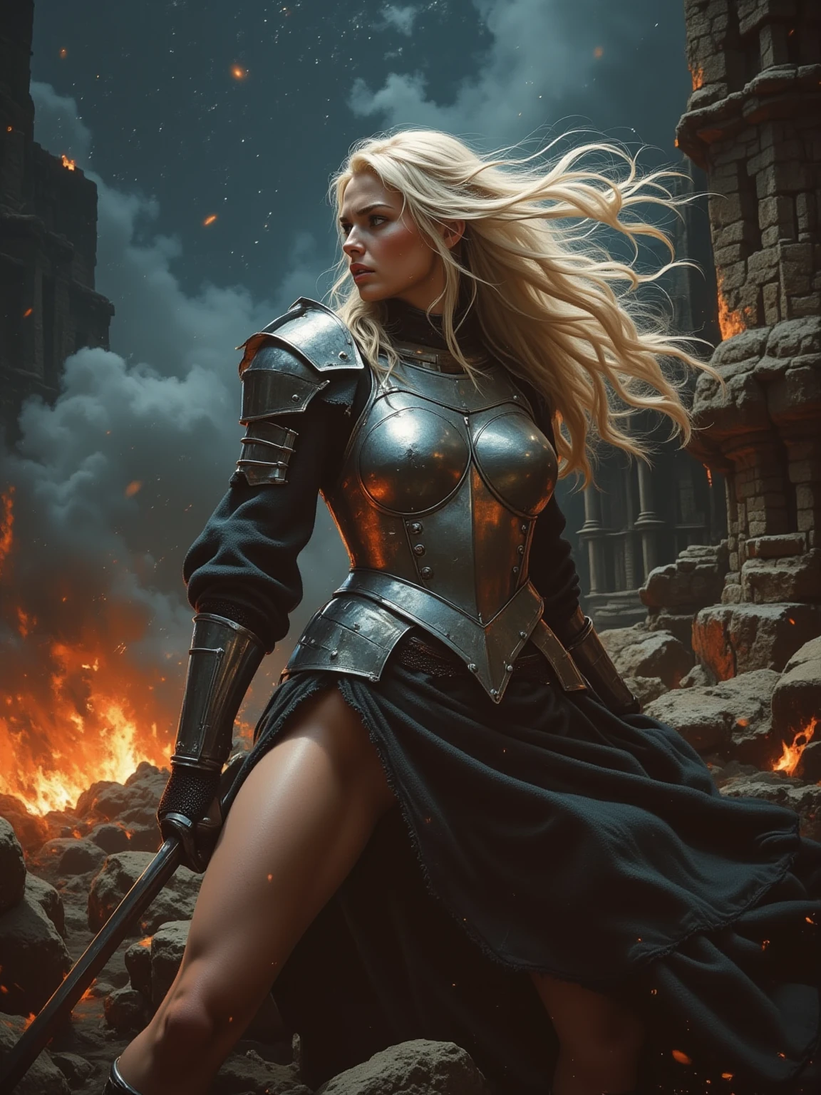 Full body shot sexy sensual, beautyfull, Warrior woman (Multi-award winning masterpiece with incredible detail, textures and maximum detail), (Hyperrealistic: 1.4), (Realistic: 1.3), (Best quality real textured skin), (Finely detailed real circle eyes), (Finely detailed and beautiful face:1.6), ((medieval world)), (knight in jet black), Finely decorated, (dark black full body armor with fine decoration), (The armor is scarred but finely decorated: 1.5), does not wear a helmet, ( Full-length portrait: 1.6), ((looks up)), ((looks down)), (full-body portrait: 1.8), (dramatic pose), (gorgeous pose), (beautiful pose), beautiful white hair , beautiful silver hair, Strong Warrior, Agile Warrior, fantasy, ((dramatic photo)), ((dynamic photo)), full body view, scary, dark fantasy , detailed armor, detailed helmet, epic realistic, faded, ((neutral colors)), art, (hdr: 1.5), (soft colors: 1.2), hyper detailed, (art) station: 1.5), cinematic, warm lights, lighting effect, dramatic light, (intricate details: 1.1), composite background, (Greg rutkowski: 0.8), (blue and orange: 0.4), (swirling flames), (swirling lightning)