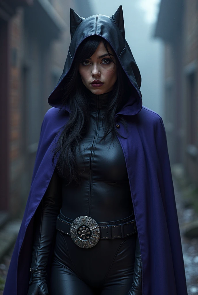 Dressed in latex and purple cape with jewels, joias circulares vermelhas na cintura, Raven Teen Titans