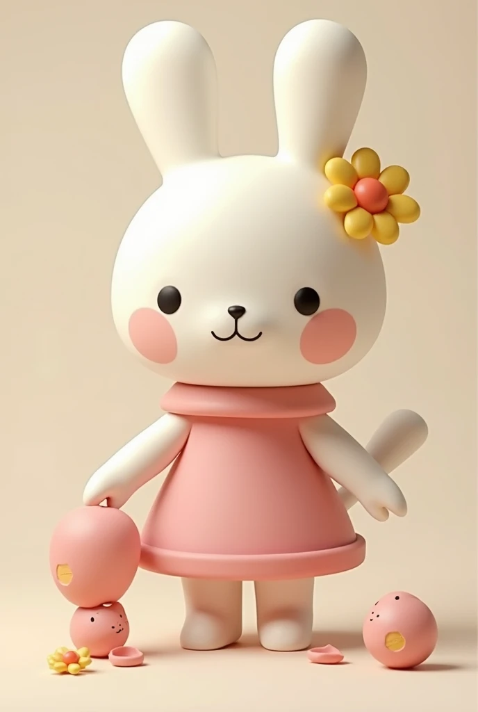 Blind box figure style, Q version white rabbit, wearing yellow eggshell, facing forward, hands through the eggshell placed on the chest, pink background, eggshell edge broken