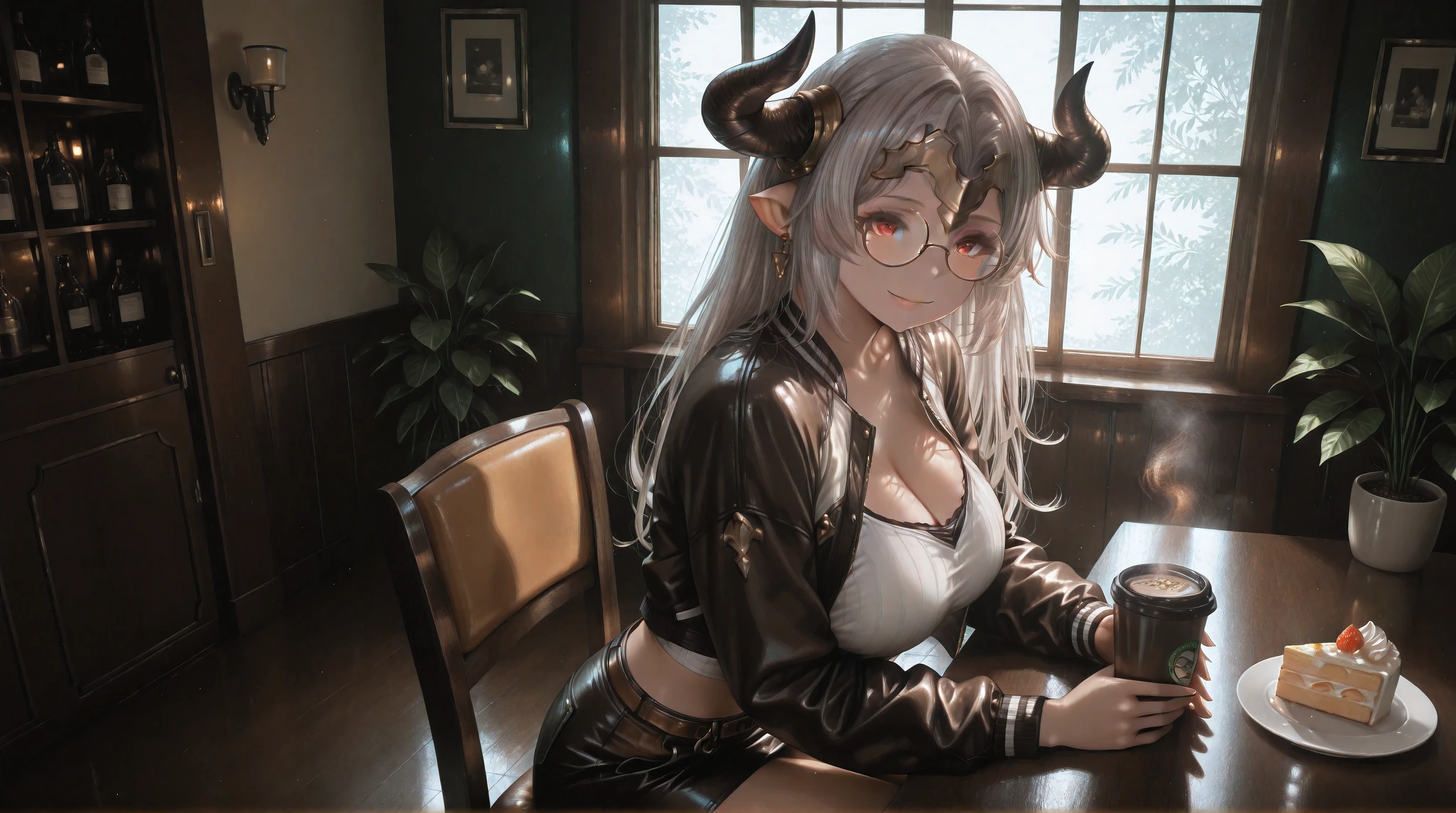 (NSFW:1.1), A Realistic image, extremely sharp focus, crisp details, high resolution, 4K, 8K, low light, ray tracing, cinematic, fashion photography. (correct anatomy, detailed hands, perfect hands, five fingers). A wide angle shot, high angle, side view, a detailed, high quality rendering of Aliza from Granblue Fantasy. She wears beautiful, detailed round eyeglasses, she wears a white crop top, varsity jacket and miniskirt. She has a beautiful big breasts. She has a beautiful face details, a beautiful detailed red eyes, grey hair and a real human skin, her expression is happy and she looks at the viewer. She's sitting enjoying the view in the coffee shop. The room is decorated with so many plants, a cup of coffee and a piece of cake on the table, the room was dimly lit, dramatic cool soft light shines from the window casting soft natural shadows, the only light comes from the window, cold color pallete. the background has highest detail, detailed background and depth of field.