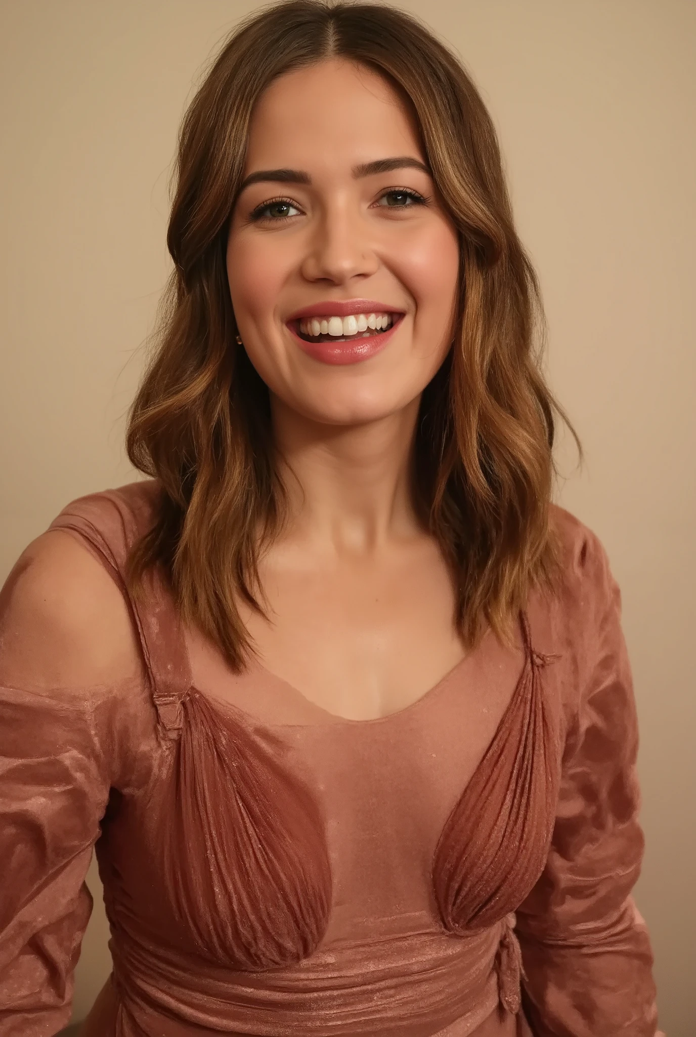 Jodie Comer wearing sexy workday clothes with cleavage and smiling