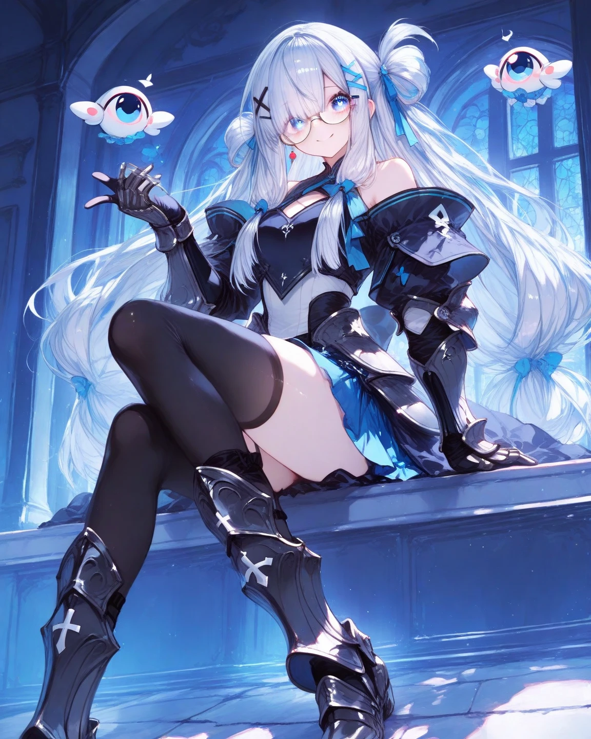 (best quality, masterpiece, highres:1.4),  <lora:SpinariaTest1:0.8> a beautiful portrait of a magical girl sitting on a floating circular platform, she is surrounded by a wide assortment of floating machines, ((there are six floating machines)), she is surrounded by many floating artifacts, magic,  she has a wide and happy grin, the viewer is patting her head,  1girl, solo, sitting, boots, capelet,  purple hair, looking at viewer, short hair, dress, cross-laced footwear, hair ornament, white background, lace-up boots, short hair with long locks, hand on own chest, brown footwear, , bow,  bangs, sideless outfit, simple background,  sidelocks, knee boots, skirt, purple dress, backless outfit,  hair bow, blue hair, long hair, light purple hair, cross-laced clothes, blush, koshimizu sachiko, ribbon, weapon, side cutout, grinning, red bow, blue dress, braid, , blue skirt, hourglass, backless dress,  brown eyes, evil grin, smirk, smug, wide shot, there are many floating machines and artifacts around her, crystal, floating object, lantern, levitation,