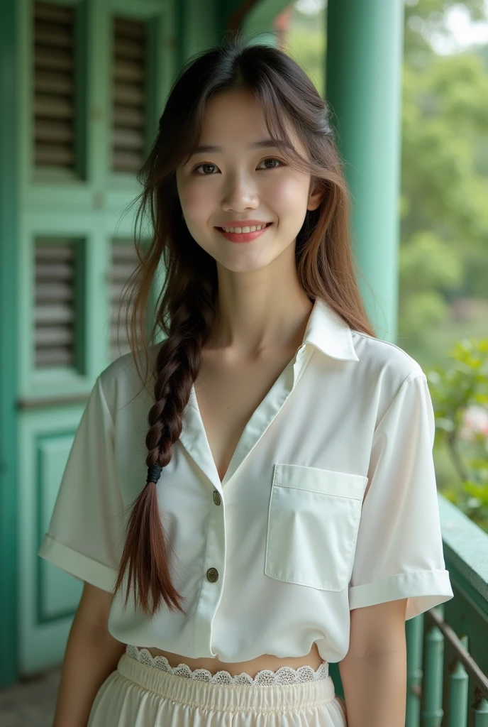 (Highest quality, masterpiece:1.2), Highest quality, Realistic, photograph, High resolution, 1080P, 8K, Physical Rendering, ((height: 155cm)), ((((((A beautiful 14-year-old fashion model featured in a Japanese fashion magazine、Look directly at the viewer)))))), (((big, Very fine, Beautiful dark brown eyes))), ((((Everyone loves me、They are Laughter at me.!)))), Detailed fingers, (((length, Curled bangs、目までのlengthの前髪))), ((((Very noble and cute eyes, Every detail is carefully drawn)))), ((double eyelid)), (((length eyelashes))), ((cute、Adorable、Adorable、Laughter、Laughter頬)), ((The light hits my nose and cheeks. Her eyes and the white skin of her face are beautifully white.......)), (((((Her face is very expressive、With a noble smile。, so sweet, very smart))))), ((((Her shirt is unbuttoned、Showing off the neck and chest)))), ((((so beautiful、肩までのlengthのストレートな茶色の髪、Side braided hair)))), (((((((Formal long pleated skirt))))))), (((Summer sleeveless white shirt)))), ((As elegant as a noble princess)), ((Girls dancing in the classroom)), ((from before, Her skirt was pulled up gracefully、The lower half of the body is completely exposed。., Create striking images..))