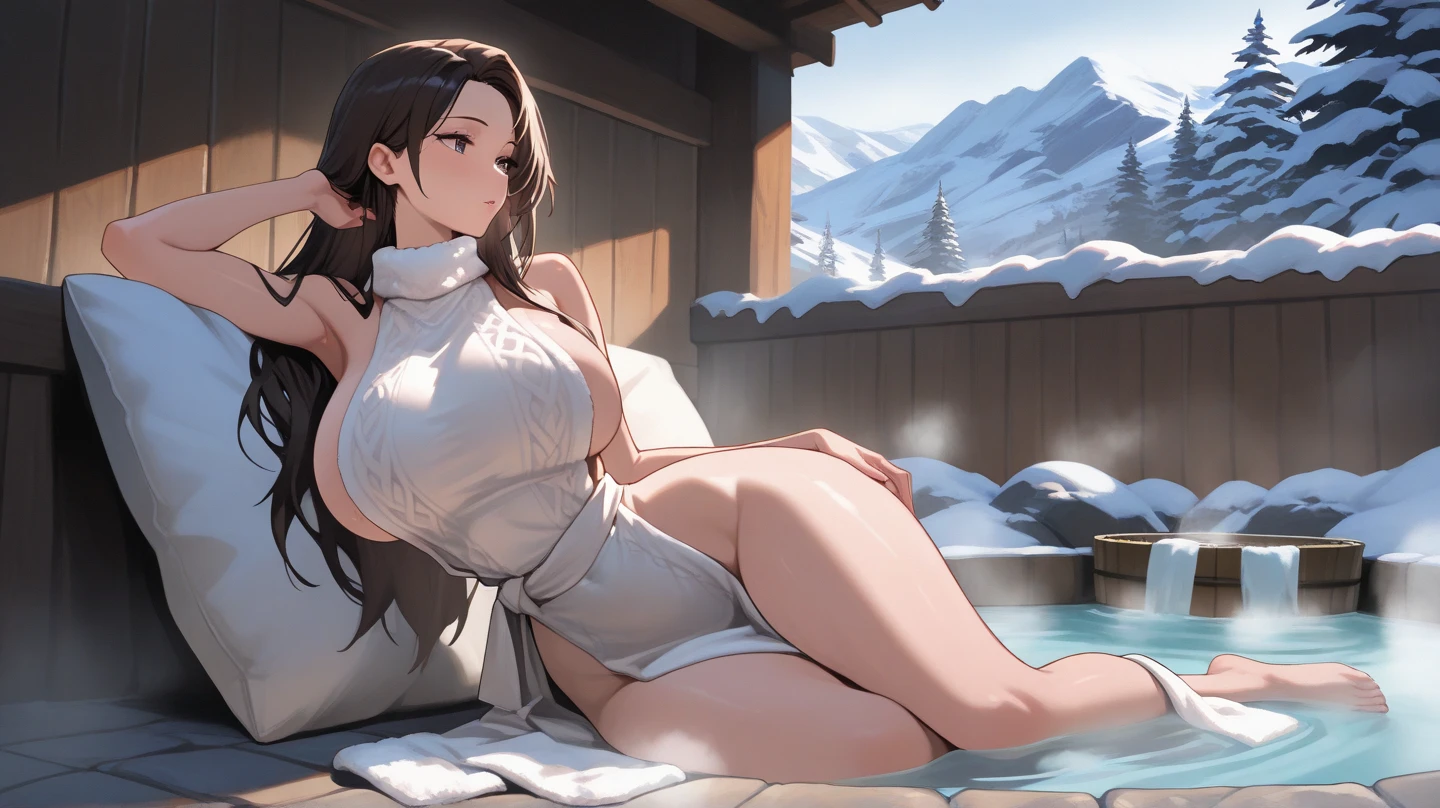 Long Hair,Black Hair, (Hair on one eye:0.8), (Dark Skinned female:1.2), (Dark Skin:1.1),Big Breasts,Glowing Skin,bath,hot spring,bath towel,Sexy smile