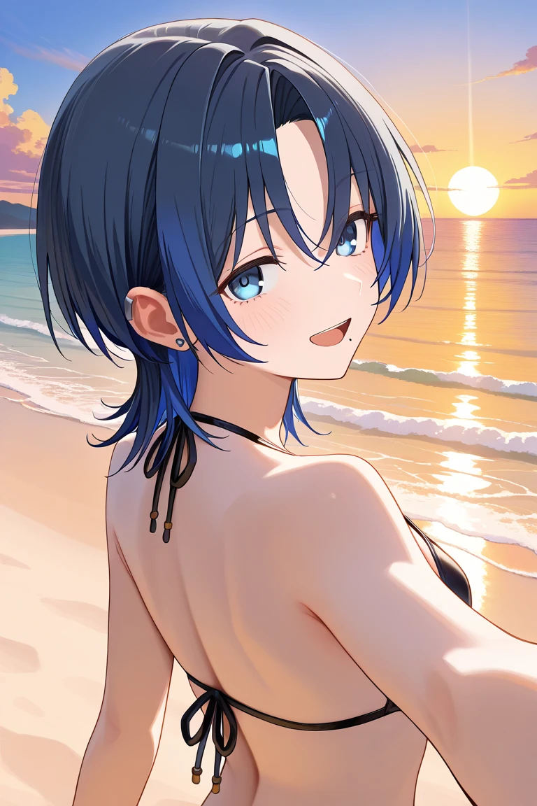 yamada-ryou, high quality, solo, 1girl, night sky, beach, arms behind head, (contrapposto), closed mouth, spread armpits, (cowboy shot:1.5), looking at viewer, best quality,