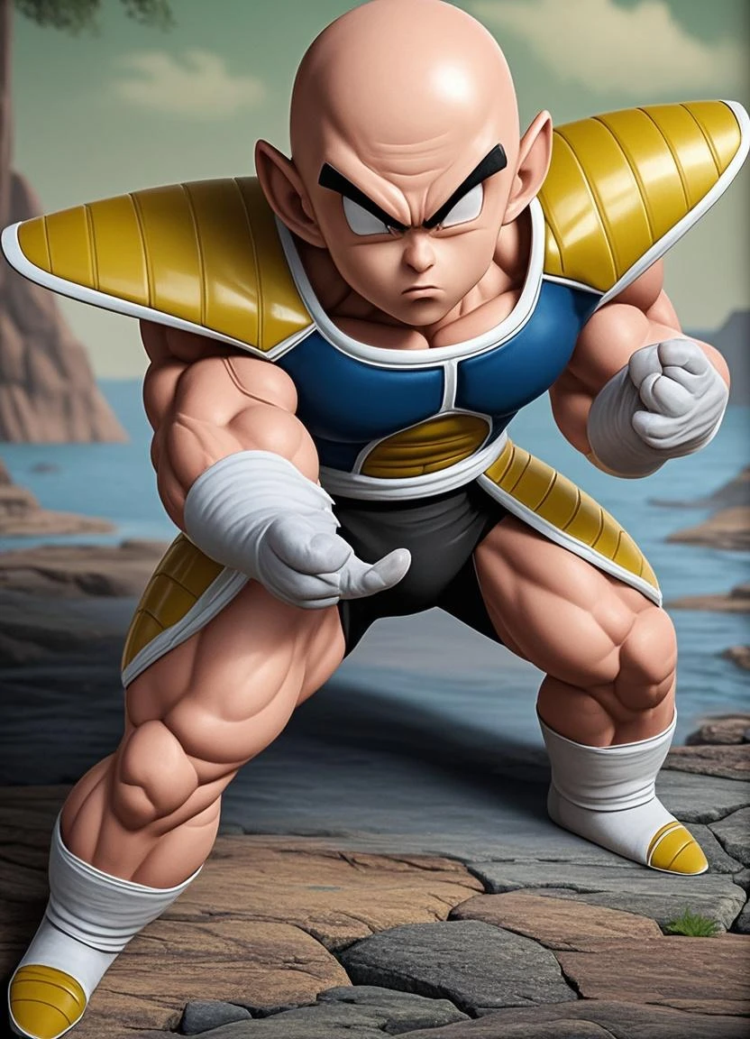 8k, masterpiece, best quality, kuririn, 1boy, black hair, male focus, solo, dark blue saiyan armor, red rocks,canyon, white gloves, black eyes, fighting stance, grin, , looking at viewer, straight-on, biker shorts, no sclera, white boots,bald, forehead mark,black bodysuit,(bald:1.2),pauldrons, (faulds)