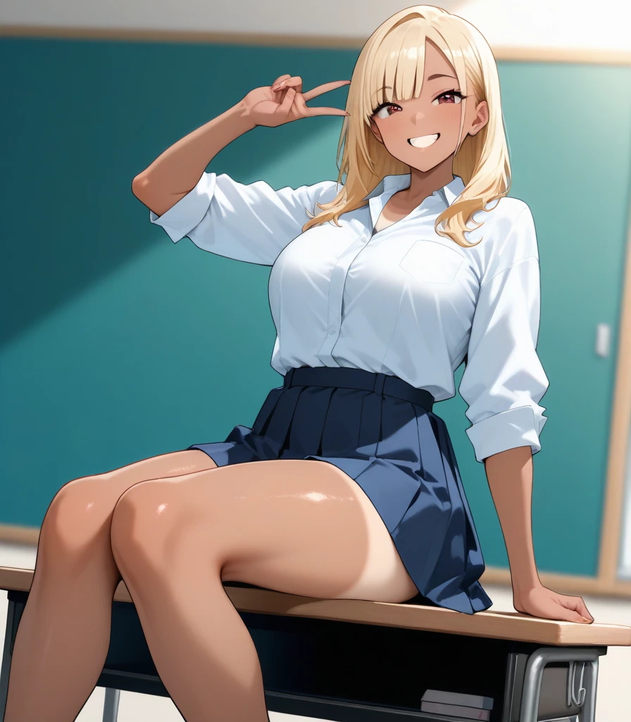 (8K、Highest quality、highest quality、masterpiece)、Detailed face、One girl、 ((Brown skin:1.3))、Blonde、Long Hair、Wavy Hair、Grey Eyes、evil smile、((Grin))、Moderate chest、cleavage、((White shirt))、Cleavage、Short sleeve、((Black pleated skirt))、White socks、loafers、Sit on a chair、Classroom Background