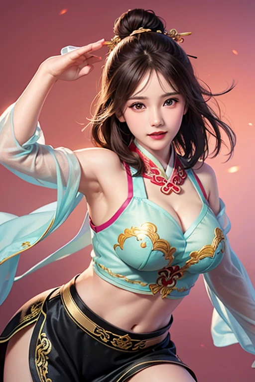 (Highest quality、 8k 、masterpiece、High resolution)、Full Body Shot、15 year old girl、Idol、Cute smile、Pretty lips、Adorable eyes、Dancing with a smile、Outdoor Stage、AKB48 Costumes、Realistic、Vibrant colors、Official Art、Detailed CG、Professional Lighting、Professional photographer、