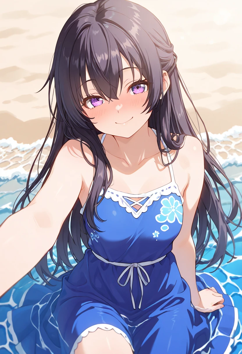Umi Sonoda　Blue Hair　Orange eyes　Long Hair　M-shaped bangs　Blue frilly bikini　Blue flower hair ornament　smile　Slightly larger breasts　Beach　Soaking wet　Shining　sun
