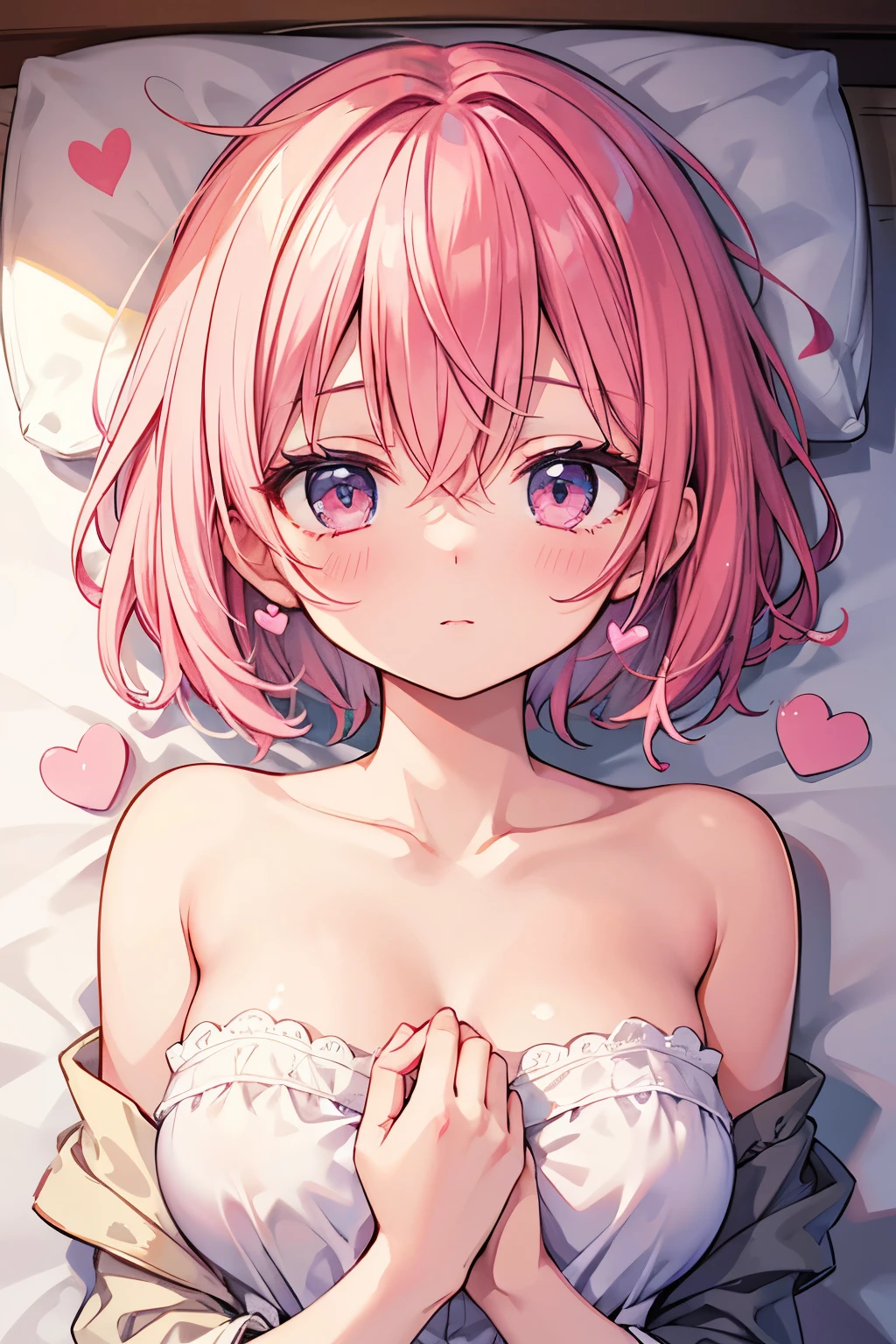Transparent pink short hair,Wear a milky super light pink ,Pale pink eyes,Very cute sweet girl,Beautiful fingers,Pale skin,