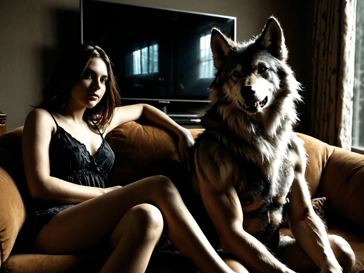 Man with wolf mask wearing Adidas sportswear taking photos with a Canon camera of a naked 18-year-old woman with huge breasts and big buttocks, in modern photo studio, Brown hair, Long hair, green eyes, slight smile, large eyes, full lips, with good light, legs and buttocks worked in the gym, sitting in red armchair