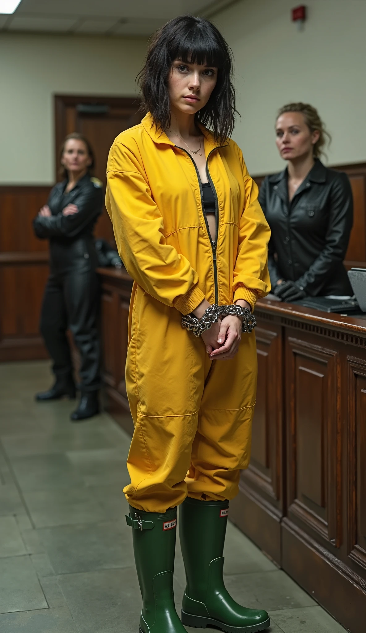 a french girl with short curly brown hair and fringe haircut, arrested by a female police officer wearing leather catsuit uniform, in trial court. she's wearing a zipped yellow prison jumpsuit, white Hunter rubber boots. Her hands and her feet are heavily bound and shackled with big metal chains and BDSM cuffs, a BDSM leash on her neck. fullbody veiw