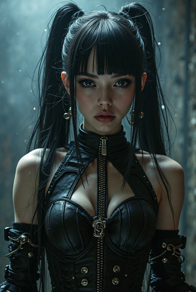 The image is a portrait of a woman dressed up as a demon. She is wearing a black corset with a metallic sheen and a choker necklace. Her hair is styled in long, dark hair that falls over her shoulders. She has a pair of large, pointed horns on her head, which are black and appear to be made of metal. The woman is looking directly at the camera with a serious expression on her face. The background is blurred, but it appears to be a dark and eerie setting with purple and blue lights. The overall mood of the image is dark and mysterious.