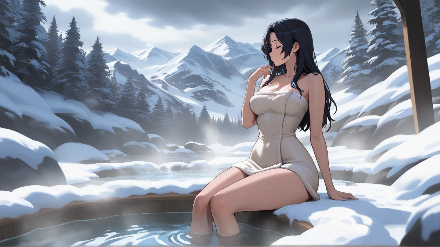 micro bikini, string thong, 
pond, mountains, snow, 
wet hair, wet face, wet body, dripping wet, 
((from behind)), ((ass)), 
((standing)), walking, 
earrings, pendant, necklace, bracelet, 
4k, masterpiece, top-quality, hi-Res, best quality, absurdres, highly detailed, expressive eyes, perfect face, perfect ass, cute face, sexy face, sexy body, sexy pose, red blush, glamorous body, nsfw,
 young, doll face, 
long black hair, hair band, ​round glasses, 
massive breasts, large breasts, cleavage, underchest, very large breast, extra large breasts, (large valleys), (large sagging breasts), 