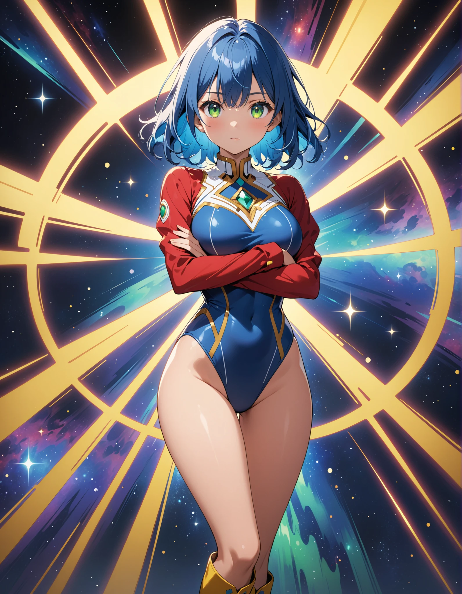masterpiece, best quality, highres, 1girl, solo, superhero, red leotard, bare legs, red boots, matching boots, aura, blue aura, sleeveless, red gloves, bracelets, matching gloves, looking at viewer, light particles, city backdrop, perfect hands, perfect eyes, powering up, perfect leotard, perfect legs, perfect arms, perfect fingers, light blue and dark green leotard, green hair, aquamarine eyes, medium breasts, short hair, bob hair, blue skin, light sprinkles,