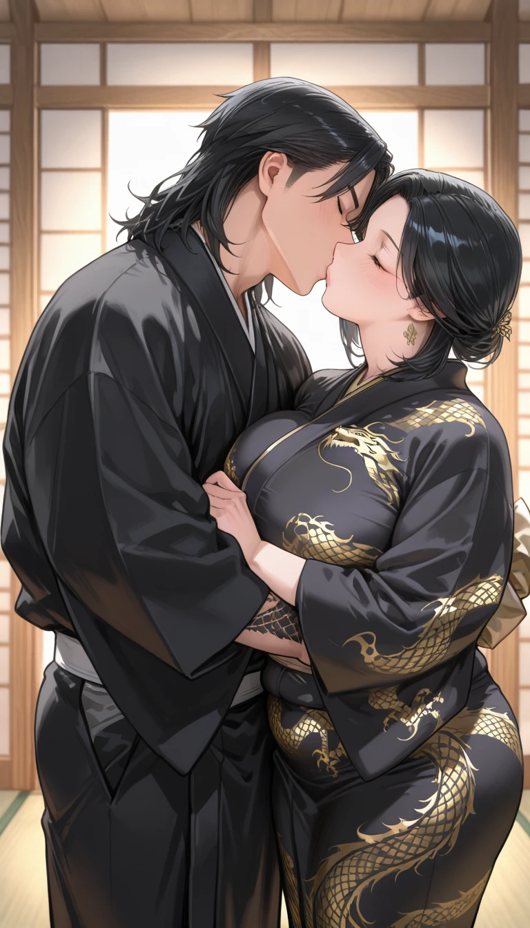 matingpress, 1girl, 1boy, lying on back, vaginal,mating press, kanao tsuyuri (demon slayer), purple eyes, black hair, butterfly hair ornament, ponytail, demon slayer corps uniform,