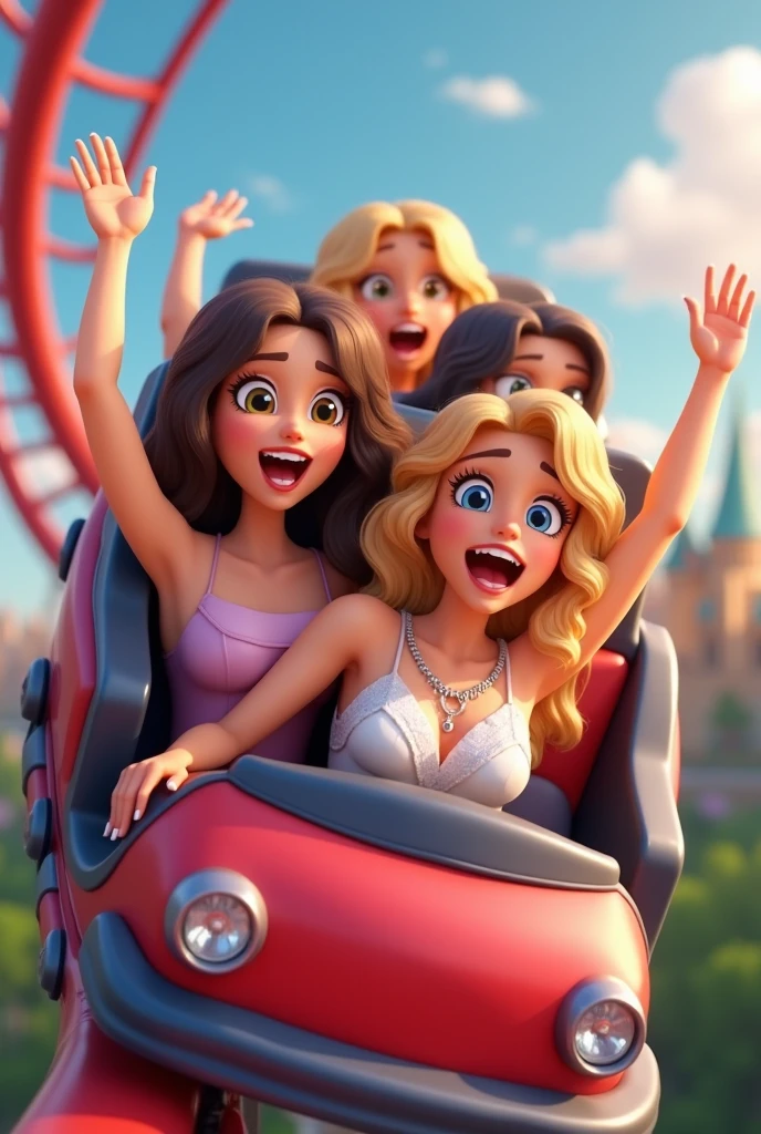 Two girls sitting next to each other in a roller coaster, the girls laugh with great joy and stretch their arms up, the girls wear colorful summer dresses with floral patterns and sandals, the picture is very dynamic, the roller coaster travels at high speed, it is a scene at a folk festival, the sun shines warm and golden from a cloudless sky