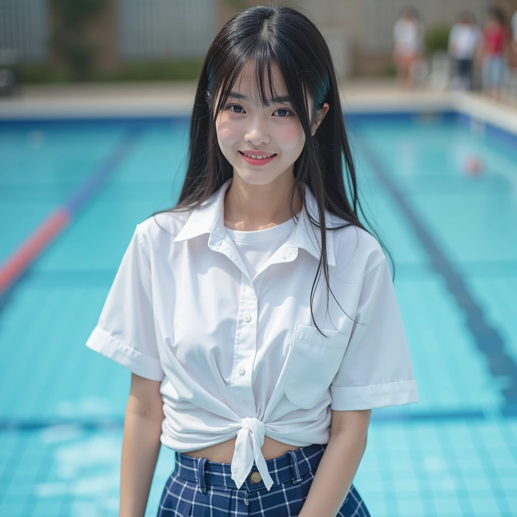 ultra highres,(reality: 1.4),highest quality, masterpiece, high detail, 16K quality, beautiful, 1 beautiful girl,japanese,super beautiful face,baby face,japanese idol face,cute face,super detailed face,detailed hand,beautiful skin,sweaty skin,big eyes,big smile,profeccional lighting,medium hair, black hair,brown beautiful eyes, gym uniform,school gym navy buruma, white shirt, short sleeves, squatting,spread legs,medium breasts,high socks,she is looking at the camera,pool side,blue sky,nsfw,from front,