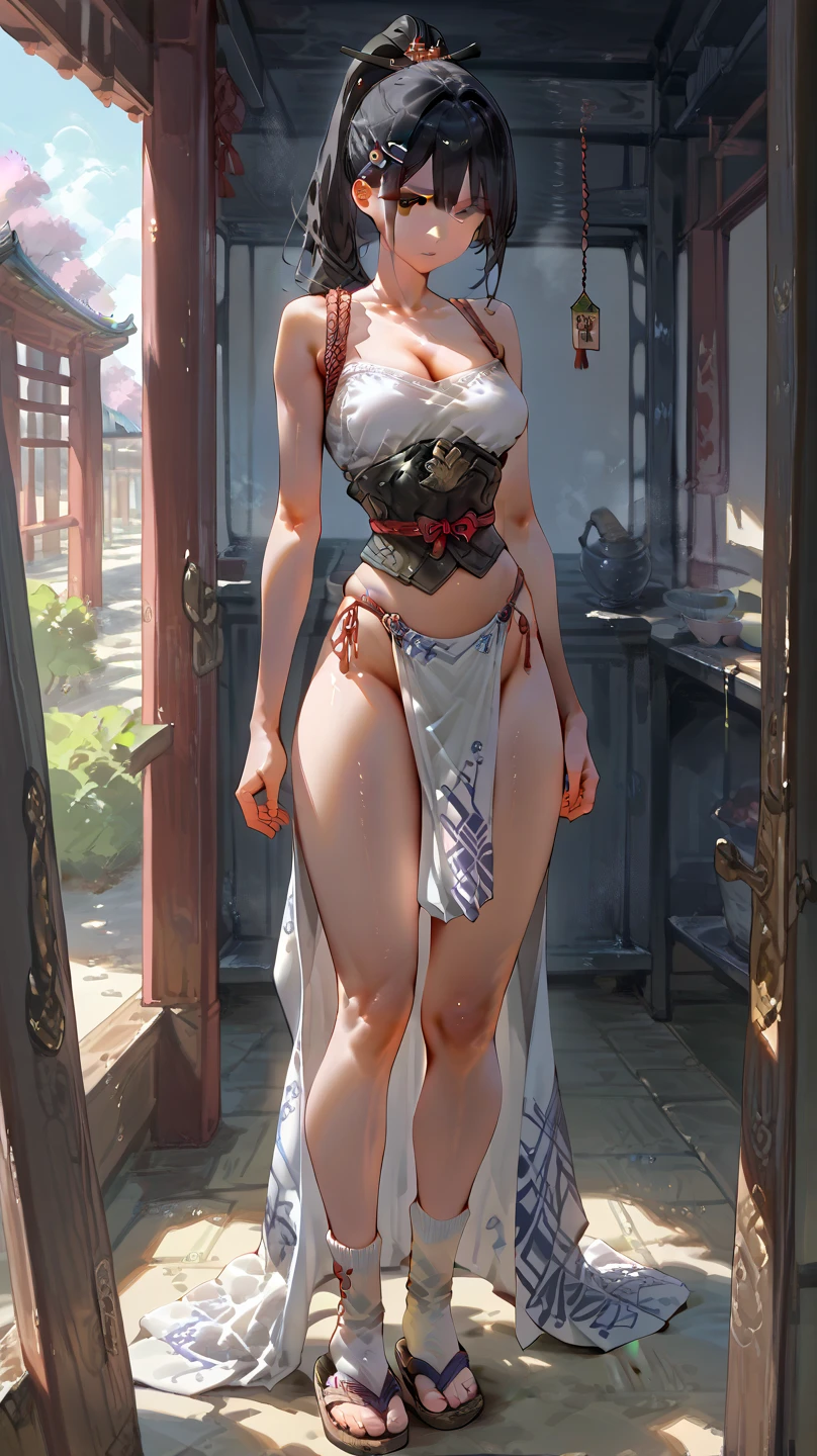 1female，45 yers old，Married woman，legs long, a slender waist， photo exposure， 独奏，（Background with：lake，lotus flower，at a forest） She has short black hair，standing in water，seen from the front， hair-bun， sky with many clouds，（（（tmasterpiece），（Very detailed CG unified 8k wallpaper），Best quality，电影灯光，detailed back ground，beautiful pupil，（very delicate beautiful），（Beautiful and detailed eyes description），ultra - detailed，tmasterpiece，））Redlip，Snow-white skin，a little bit chubby，pubic hair very large，facing at the camera，A high resolution，ultra - detailed），Revealed，Very huge，Exposed nipple，， convex，Camel toes，Highlight the Bodhisattva（dressed in：Lace，Red transparent swimsuit，robe），facing at the camera，In front