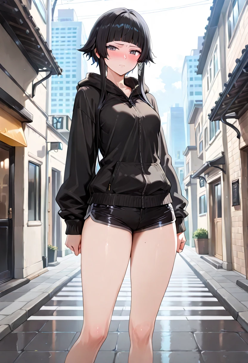 captured anime fantasy, forst,pathway,
1 girl, standing alone, shorth hair, Bblack hair, purples eyes, Cramped, tight wet black leggings,She is alone on a street full of shops,tight black panties