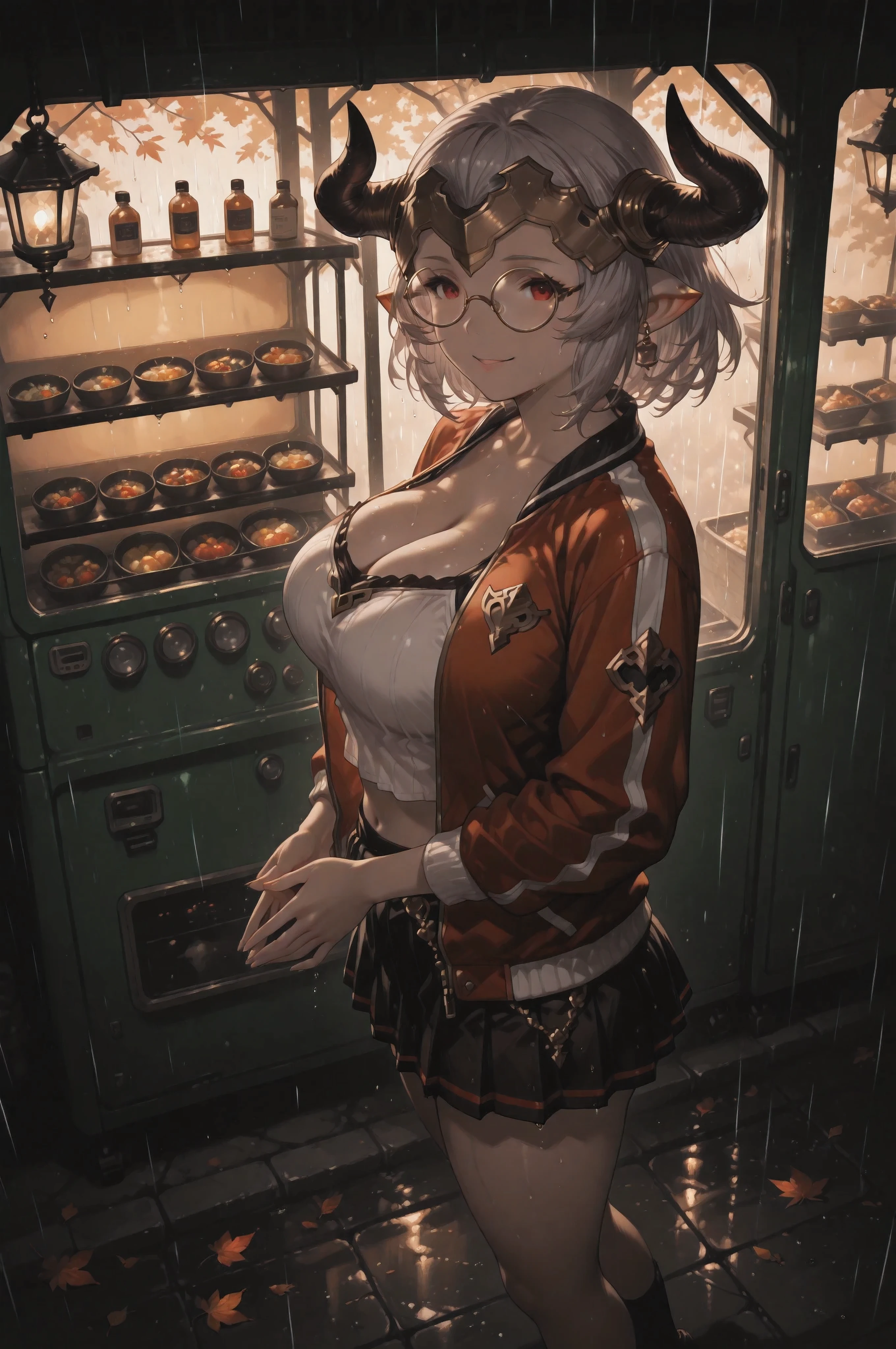 (NSFW:1.1), A Realistic image, extremely sharp focus, crisp details, high resolution, 4K, 8K, low light, ray tracing, cinematic, fashion photography. (correct anatomy, detailed hands, perfect hands, five fingers). A wide angle shot, high angle, side view, a detailed, high quality rendering of Aliza from Granblue Fantasy. She wears beautiful, detailed round eyeglasses, she wears a white crop top, varsity jacket and miniskirt. She has a beautiful big breasts. She has a beautiful face details, a beautiful detailed red eyes, grey hair and a real human skin, her expression is happy and she looks at the viewer. She's standing in front of a food truck. Rain, autumn, dramatic cold soft light, dramatic warm dim light comes from hanging lantern casting soft natural shadows, cold and warm color pallete. the background has highest detail, detailed background and depth of field.