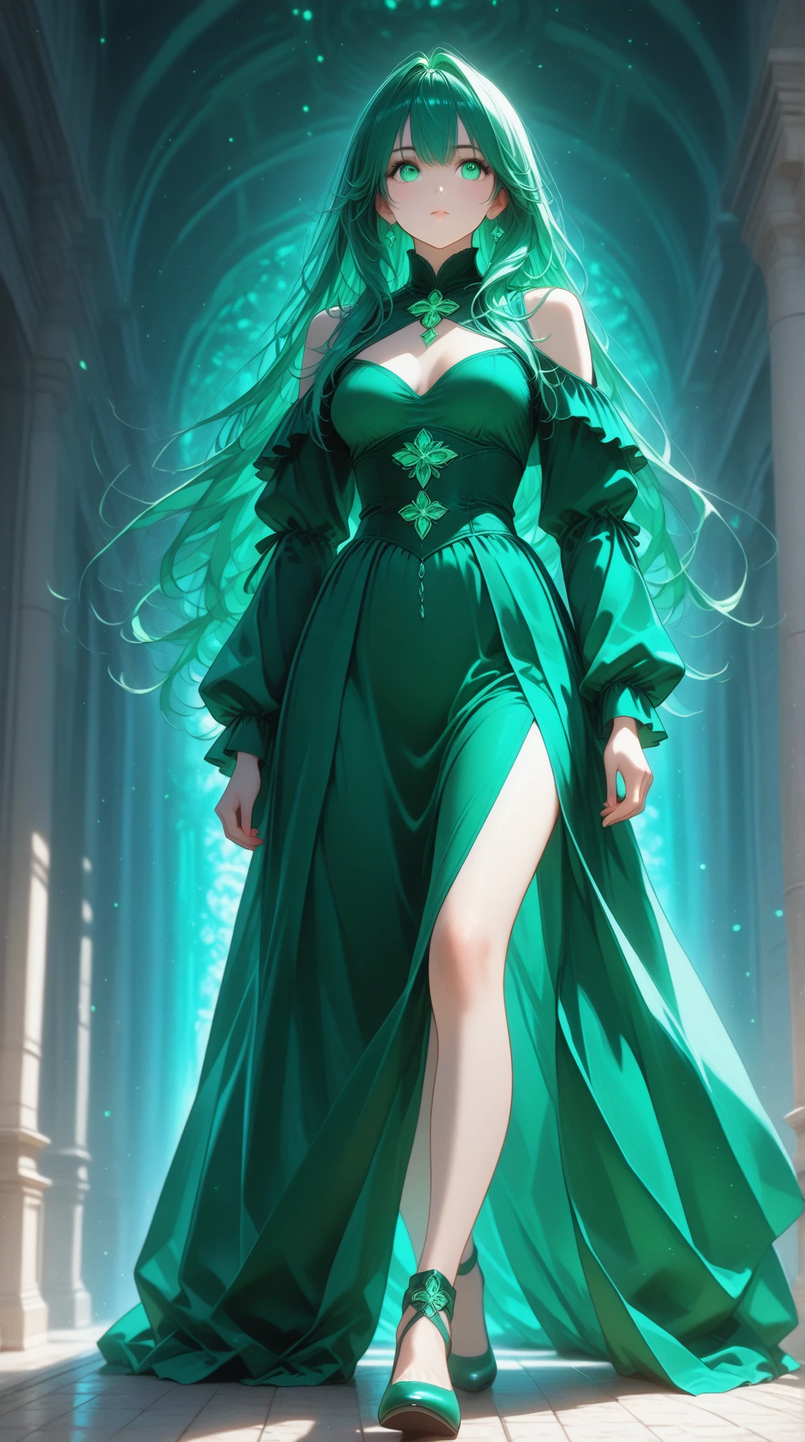 high quality, 8k quality, ultra detail, 1girl, Makeup, highest quality, long straight hair, emerald green eyes, black high heel shoes, white dress, bare legs, standing pose,