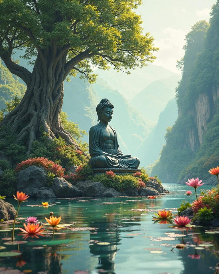 Money plant in blue colour bottle with beautiful background , and  goutam budh meditating in back view