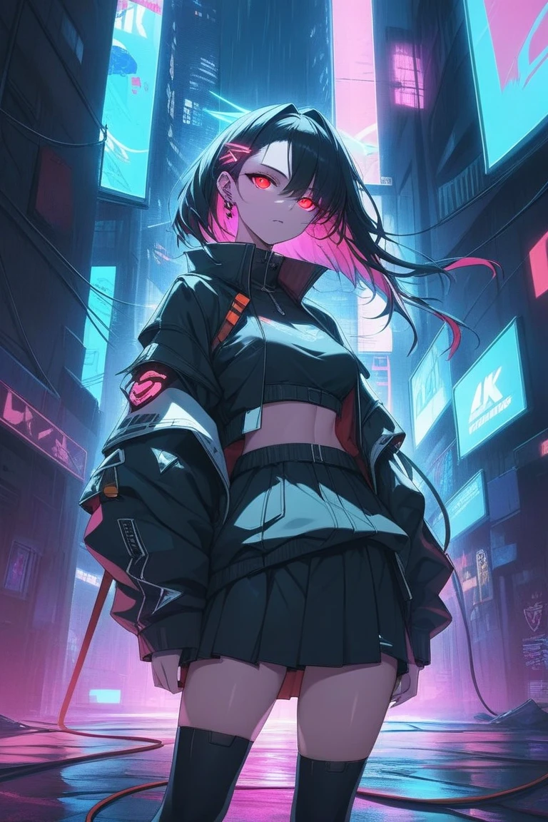 1girl,red straight curtain hair revealing forehead,long face,red eyes,school dress ,red blazer with logo,high waisted red skirt,standing, serious,red glowing eldritch magic circle, perfect body,closer,carrying two blades on her back,big demon horns, cyber punk ninja ,closeup