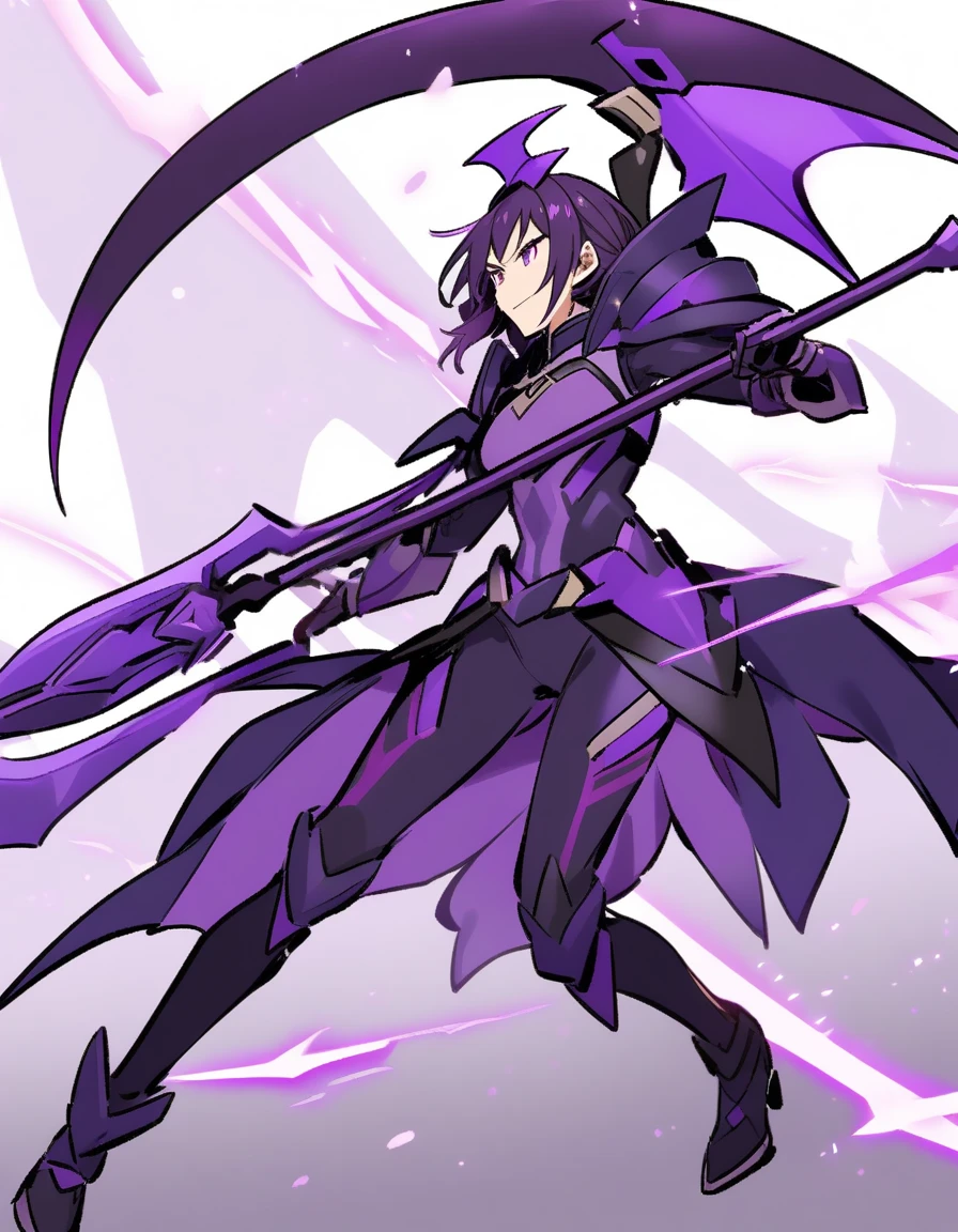 1boy, toned, sharp cat ears, cat tail, dark purple messy hair, wide dark blue eyes, cosmic powers, HD, masterpiece, vibrant, black boots, dead expression, slim purple armor, full body view, black cape