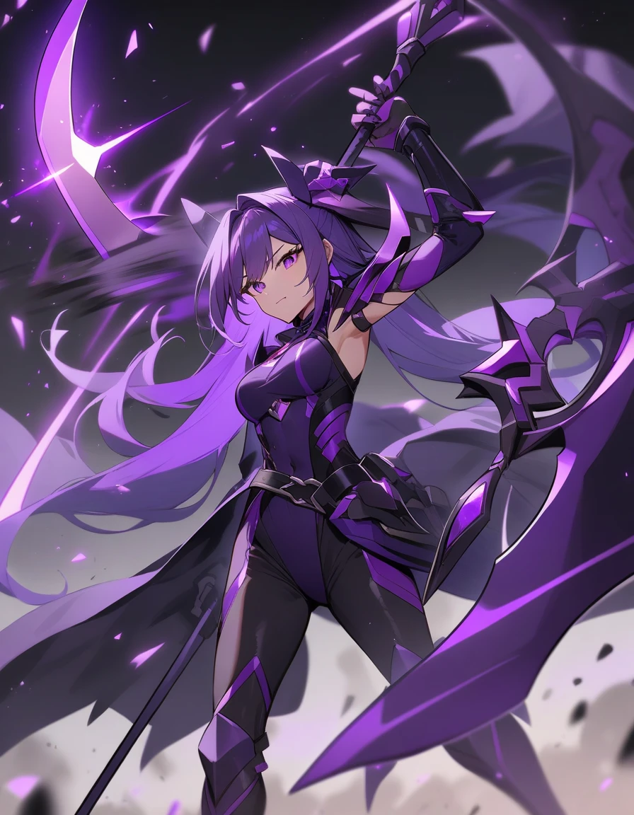 ((masterpiece, best quality, hiper detailed, highres, 16k, uhd)), 1girl, solo, sharp face, beautiful detailed face, full body portrait, floating hair, expressive hair, long hair, black hair with purple highlight, purple eyes, beautiful detailed eyes, glowing purple eyes, black kimono with a short skirt, black highthighs, black boot, holding black katana, katana glowing purple, white background, fog,