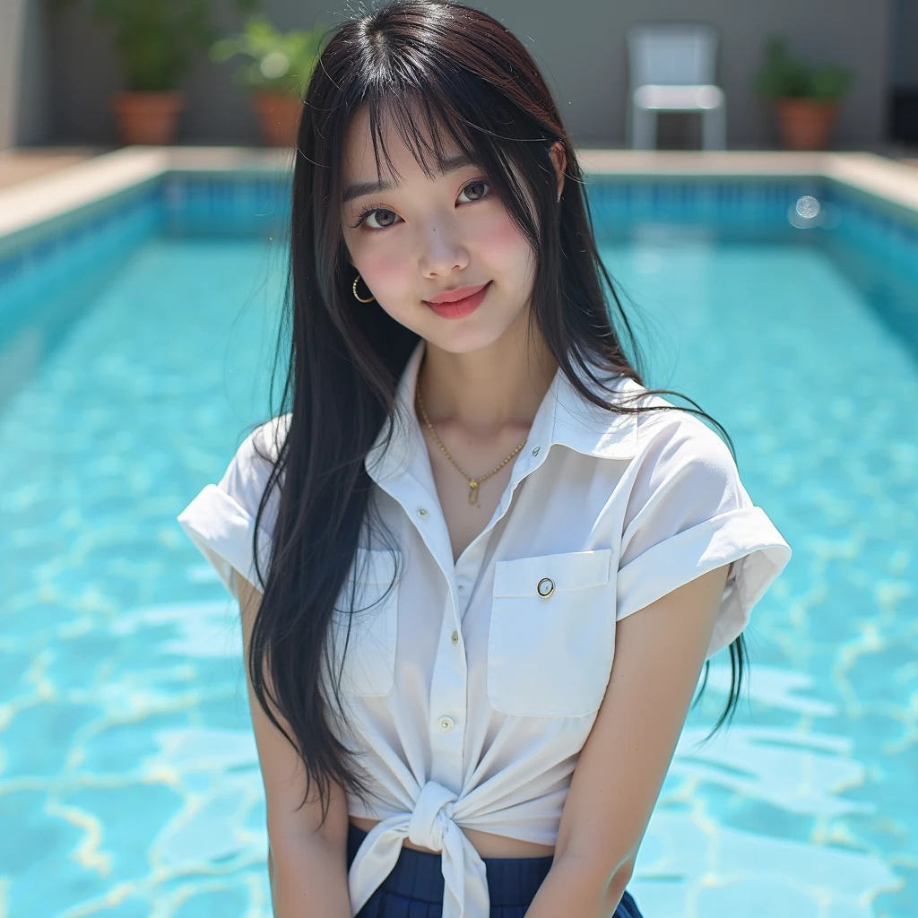1 Girl,swimming pool,Soft Light,Chinese Beauty,Suit skirt,Black socks,Long hair