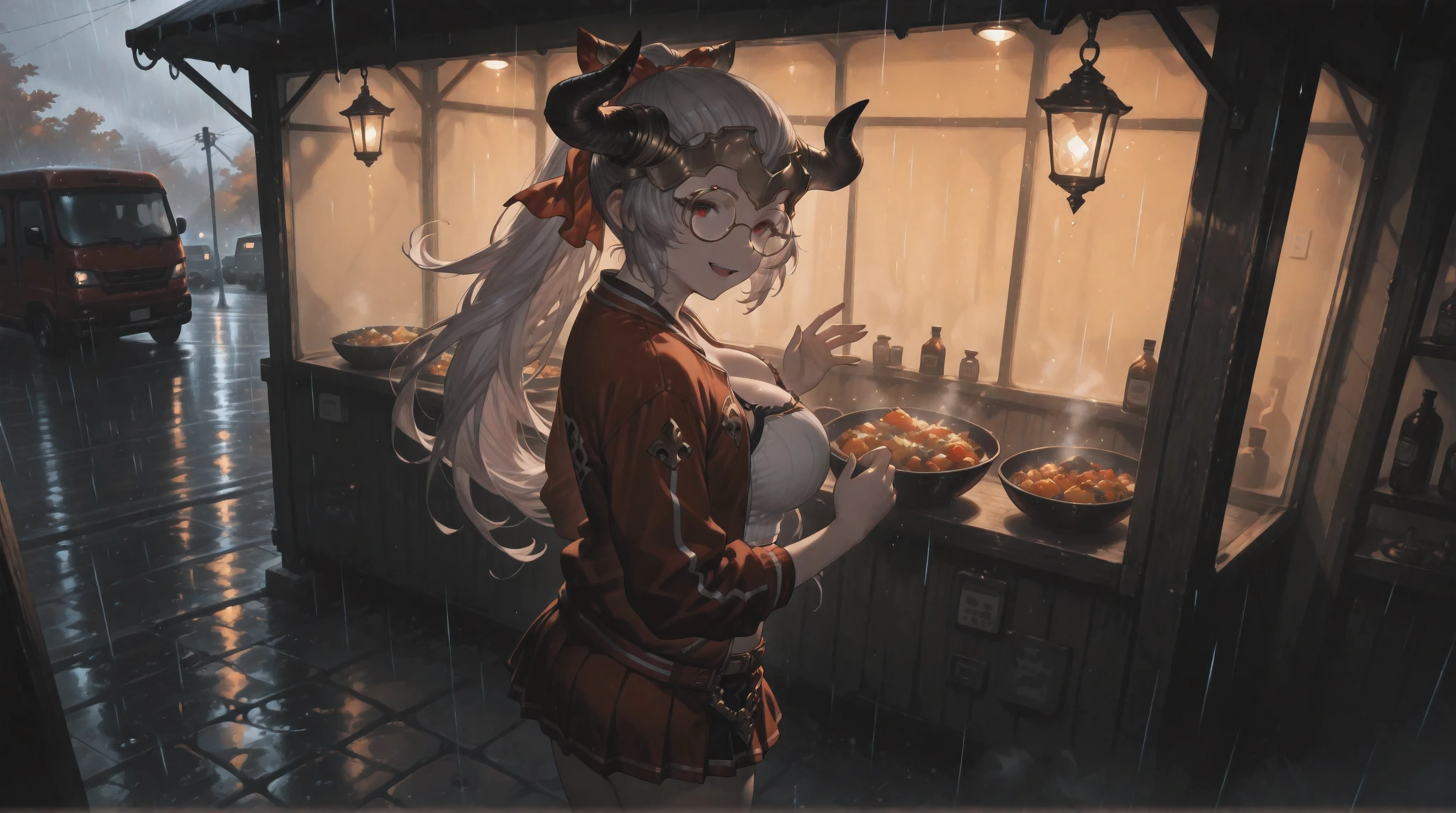 (NSFW:1.1), A Realistic image, extremely sharp focus, crisp details, high resolution, 4K, 8K, low light, ray tracing, cinematic, fashion photography. (correct anatomy, detailed hands, perfect hands, five fingers). A wide angle shot, high angle, side view, a detailed, high quality rendering of Aliza from Granblue Fantasy. She wears beautiful, detailed round eyeglasses, she wears a white crop top, varsity jacket and miniskirt. She has a beautiful big breasts. She has a beautiful face details, a beautiful detailed red eyes, grey hair and a real human skin, her expression is happy and she looks at the viewer. She's standing in front of a food truck. Rain, autumn, dramatic cold soft light, dramatic dim light comes from hanging lantern casting soft natural shadows, cold and warm color pallete. the background has highest detail, detailed background and depth of field.