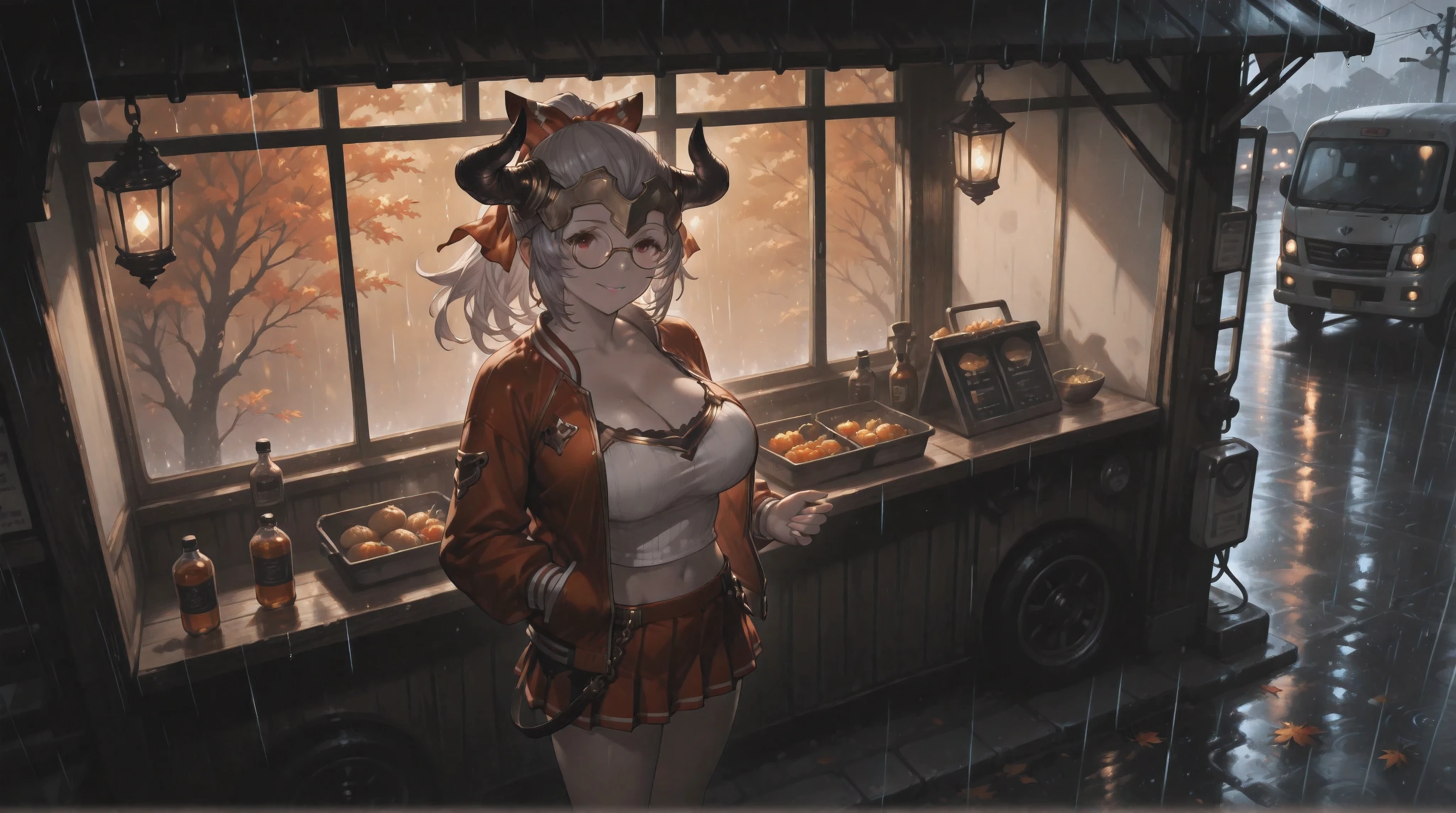 (NSFW:1.1), A Realistic image, extremely sharp focus, crisp details, high resolution, 4K, 8K, low light, ray tracing, cinematic, fashion photography. (correct anatomy, detailed hands, perfect hands, five fingers). A wide angle shot, high angle, side view, a detailed, high quality rendering of Aliza from Granblue Fantasy. She wears beautiful, detailed round eyeglasses, she wears a white crop top, varsity jacket and miniskirt. She has a beautiful big breasts. She has a beautiful face details, a beautiful detailed red eyes, grey hair and a real human skin, her expression is happy and she looks at the viewer. She's standing in front of a food truck. Rain, autumn, dramatic cold soft light, dramatic dim light comes from hanging lantern casting soft natural shadows, cold and warm color pallete. the background has highest detail, detailed background and depth of field.