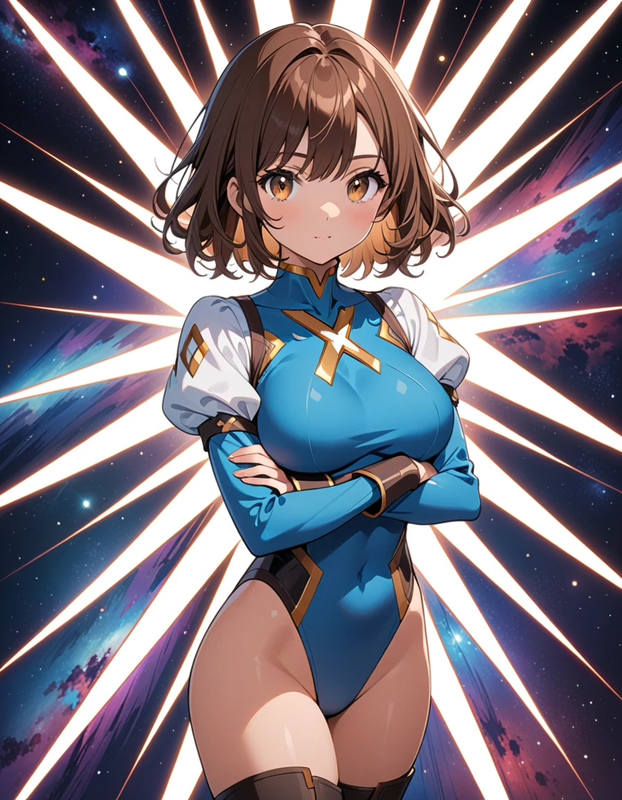 hiquality、16 K、NSFW、((huge chest head)),fatness、((thick thight))、(Big brown eyes),(:D)、Short hair, ((Forehead))、(Brown hair),(Arms behind your head),(Sweat)、(nipples are protruding)、((Light blue and white leotard))、Golden decoration、(white glove、white knee-socks)、Electronic space、dynamic ungle、