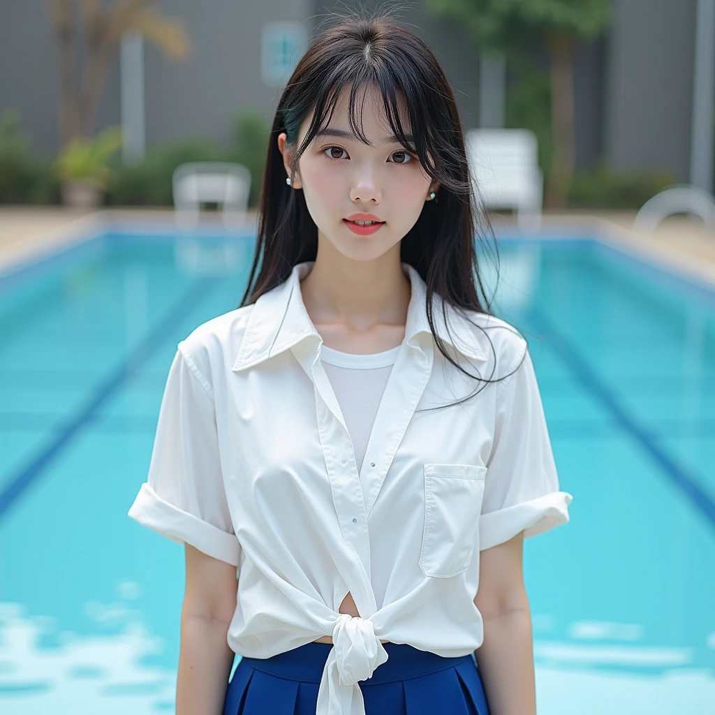Girl in school pool，The clothes are partially soaked，Expose the whole body，The clothes are clear and detailed，（Exquisite illustrations：1.4），（tmasterpiece：1.0），（best qualtiy：1.4），（hyper HD：1.2），（photographrealistic：1.4），（8K，RAW photos：1.2），（soft focus：1.4），（18yr old：1.3），（Sharp focus：1.4），（renaissance art：1.4），Detailed beautiful face，（short detailed hair： 1.2）、Mature girl，Lace，little breast，spread their legs，kneeling down，lying down，Collar，Taste，Raised sexy，Dog leashes，White shirt with collar，soaking wet，Walk away