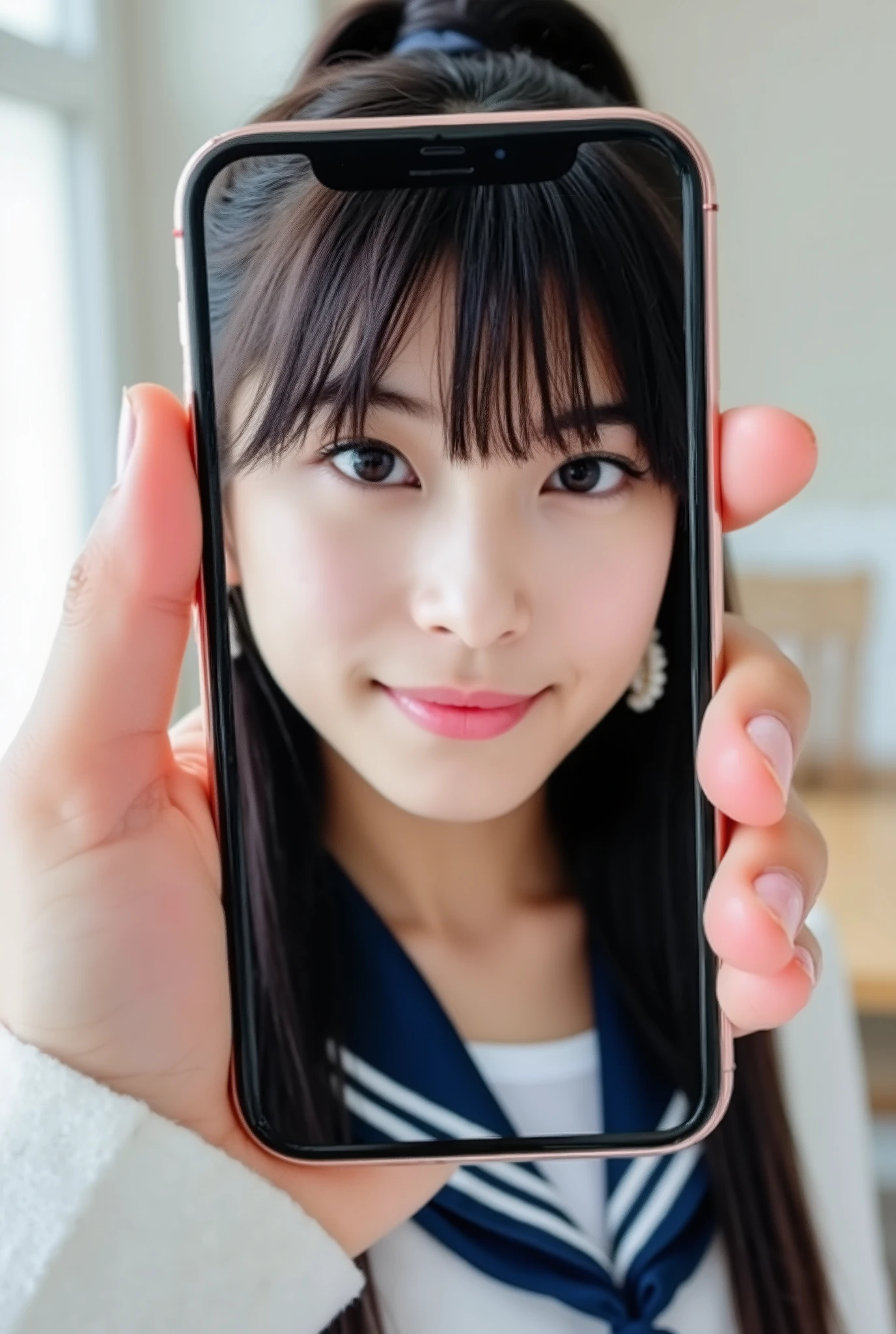 Create a photo collection featuring a Japanese idol girl with fair skin. She has long, straight black hair styled in a ponytail with bangs, and she is dressed in a sailor uniform. The image should show her on a smartphone screen that fills the entire display, including the smartphone frame. The girl smiles at the camera, and a V-sign emerges from the smartphone screen, adding a playful touch. The overall composition should highlight her purity, charm, and ethereal quality.