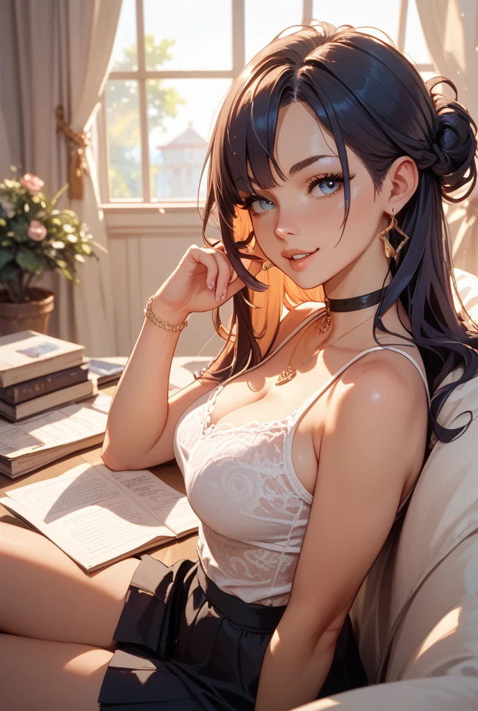 (masterpiece, Highest quality, Super detailed, High resolution, 4K),(Beautiful attention to detail),(Highly detailed face),(One girl),High resolution,Long Hair, Shorts, Telephone, Brown eyes, Brown Hair, cellTelephone, bracelet, Tank top, jewelry, clock, lips, Focus Only, Manicure, Blurred background, smile, wristclock, Realistic, Blurred, View your viewers