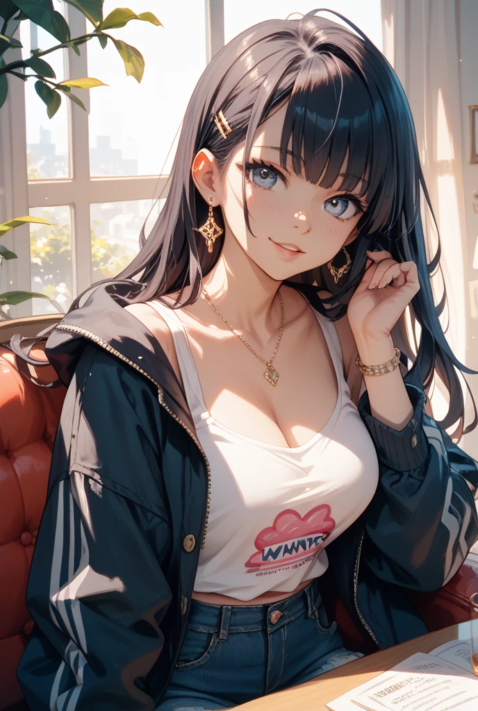 (1 female、Japanese、20-year-old、fresh、clear、seems kind、stylish、attractive narrow eyes、Pathetic、cute like an angel、cute、black eye、Idol,actress）,(big breasts：1.4).(very cute)、(black hair),enchanting eyes、(,(eye highlights:1.4),),(In 8K、Live shooting、highest quality、masterpiece:1.2、optimal lighting,Shooting with a SLR)、(long hair、dull bangs),masterpiece,(Photo taken by a professional photographer),(genuine、photogenuine:1.37),break,(pink leather jacket), (portrait),(Smile),dynamic angle