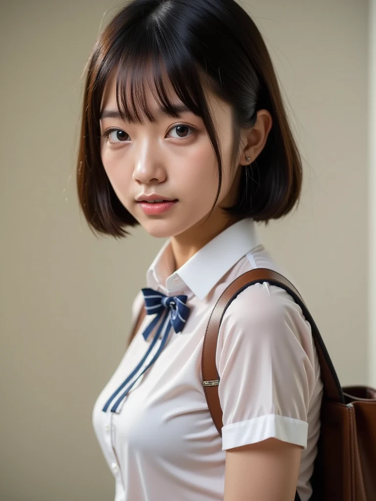 cute schoolgirl, 18 years old, short cut, face up shot, round face, beauty, summer clothes, puberty, dusk, taken from the front, face to face, portrait, school, camera gaze, pale
