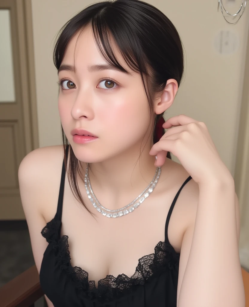 ,necklace, ring, earring, watch, jewelry,suit,2. Women,Realistic,(超high quality:1.2),Japanese,high quality,masterpiece,(Super detailed:1.4),Japanese lady,Beautiful Face,(Really good:1.6),(skirt:1.2),((Hotel)),(Small breasts:1.6),thin,High resolution,