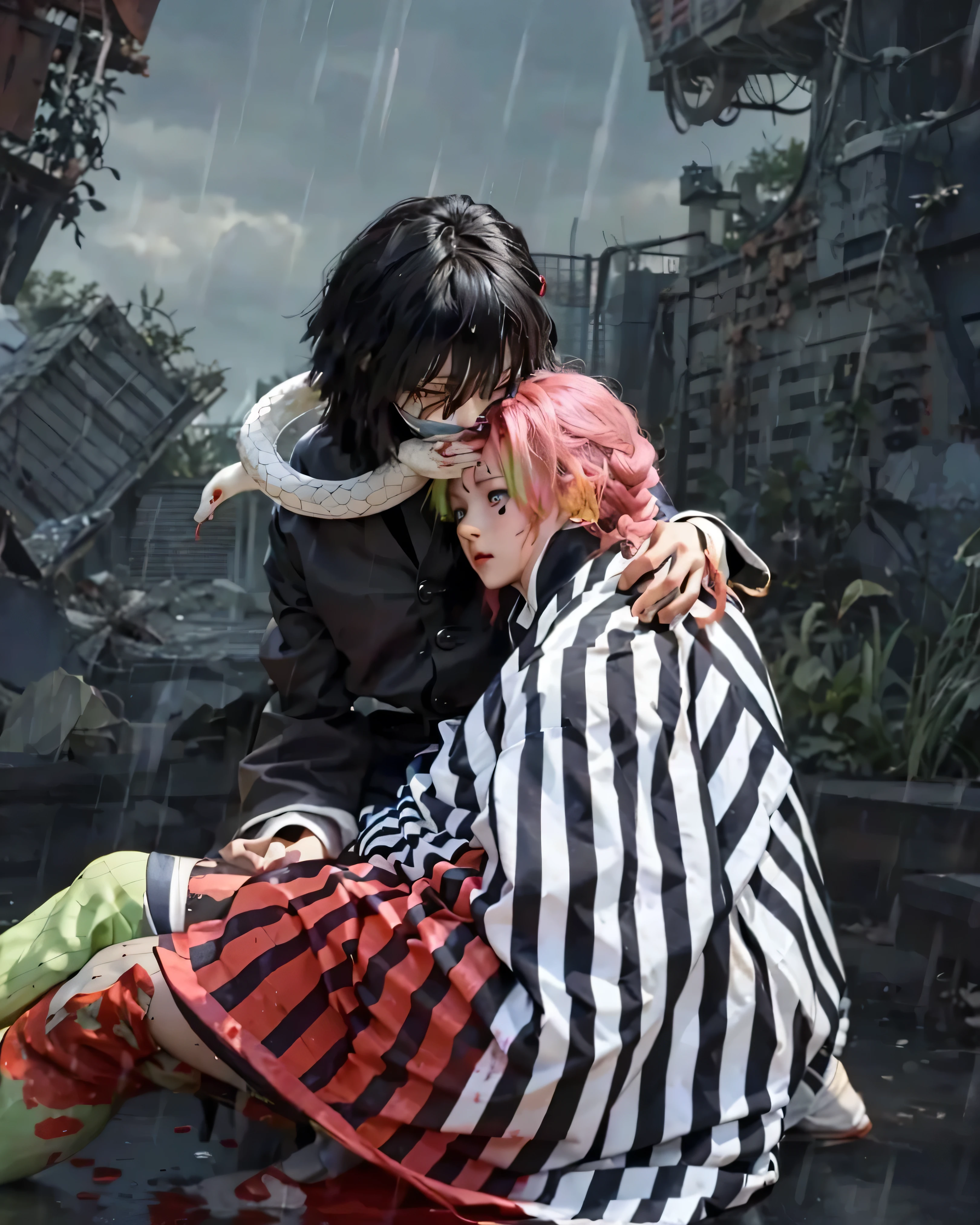 ((MITSURI X OBANAI_DEMON SLAYER))),((realistic, photorealistic)),(highlight hair)), Light reflection, (( HD )),((upper body)), (((best quality, masterpiece))), (masterpiece) (best quality) (detail) (8k) (HDR) (wallpaper) (cinematic lighting) (sharp focuasterpiece, best quality: 1.1), Real life adaption of this character, Asian beauty face, Shining Purple eyes, realistic outfit, realistic shadow, realistic light, realism, hyper realistic, realistic background,(photorealistic:1.2), masterpiece, best quality, 1girl,(masterpiece, best quality), 1girl, "A dramatic and emotional anime-style scene featuring two Demon Slayer characters, Obanai Iguro and Mitsuri Kanroji, in a post-battle setting. Obanai, with long black hair and a white snake around his neck, is cradling a severely injured Mitsuri, who has pink and green hair. Blood is visible on both characters and on Mitsuri’s striped haori. They are in a ruined, abandoned building with broken windows and a staircase in the background. The mood is sorrowful and tragic, filled with love and despair. Cinematic lighting, high detail, anime realism.(perfect anatomy perfect hands),Blade of Destruction、male用の学ラン、、male、Handsome,、Black Hair、Gradient Hair,青とのOdd Eye,首巻にMultiple snakes、Handsome、A black and white striped haori coat、One eye、The other one is blue、Bandage on mouth、Odd Eye、Multiple snakes、couple、Couple、Woman with pink hair、Profiles,masterpiece, best quality, extremely detailed CG unity 8k wallpaper,1girl mitsuri, The illustration depicts two Demon Slayer: Kimetsu no Yaiba characters. 1girl A girl wearing a pleated skirt and a white haori over her . and 1boy obanai, A boy wearing a uniform with a vertical striped pattern. He is wearing a mask. White snake, The background features a floral geometric pattern in soft pastel colors, creating a modern, artistic look.Blood on the face, blood spots,Heavy rain, blood splattered, cuts on the hands
