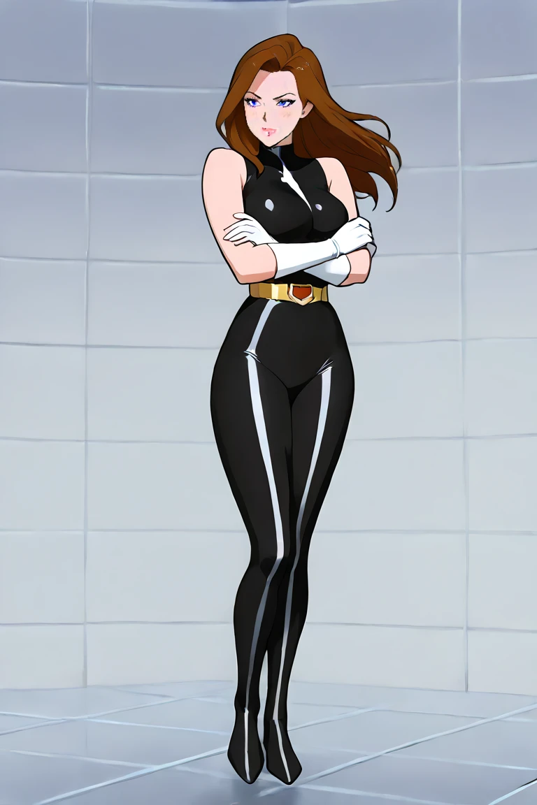 woman in a black bodysuit, full body x-force outfit, wearing a black bodysuit, aeon flux style, full body with costume, light brown hairs, make-up, dark blue eyes, beige boots with heels, black tight gloves