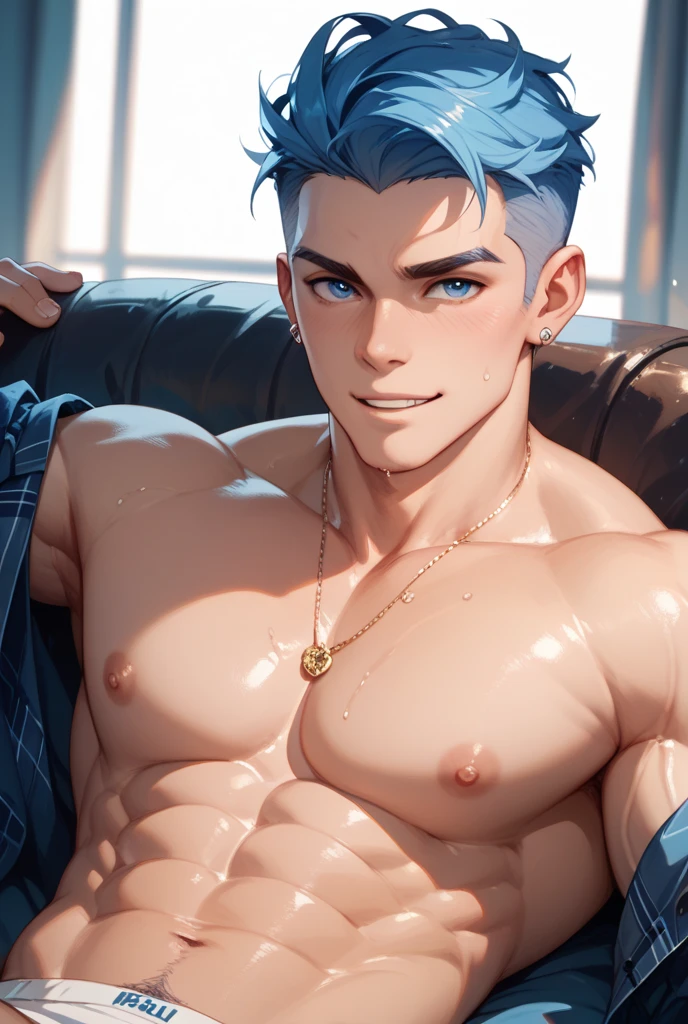 The most sexy and handsome nude male, blue hair, yellow eyes, dark skin, very muscular and athletic build, big long huge hanging nude penis exposed, tons of tattoos and piercings, in his bedroom, highly detailed bedroom, perfect masterpiece, high quality, high resolution