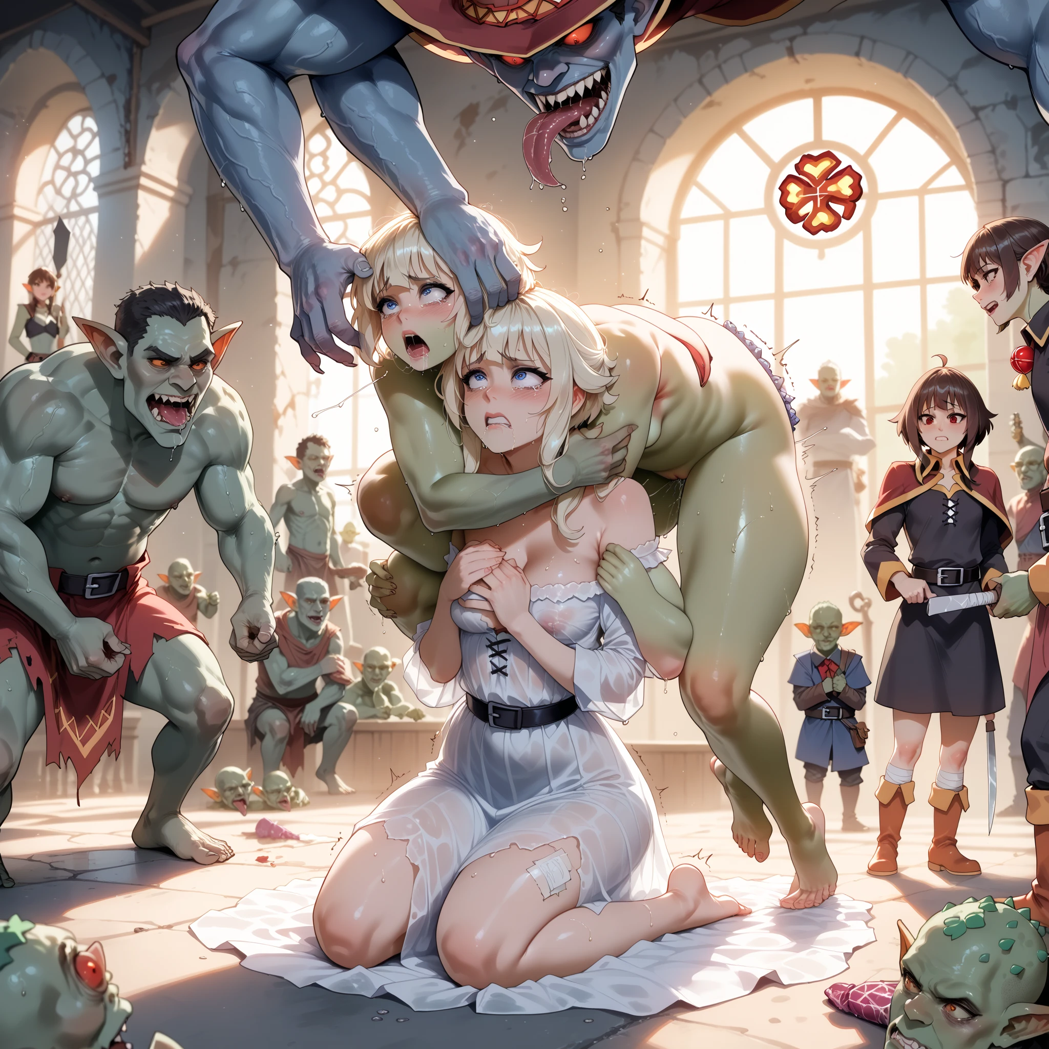 1 girl、(topless、big breasts:1.3、pink hair、Scapula、first round、Lockひも、black thigh straps、bracelet、armlet、detailed white panties、anklet、red shoulder armor)、(dark dungeon:1.5)、sex、restraint、Lock、orczor、Backlight、shade、vagina、deep penetration、grab、perspective、zoom in、gang rape、multiple boys、prisoner、masterpiece、highest quality、very detailed、blush、(nipples are visible:1.1),scared、:o、Kiss on the neck、oak、tooth、胴体grab、glowing eyes、hold someone else's wrist、Size difference、drool、dripping、胸grab