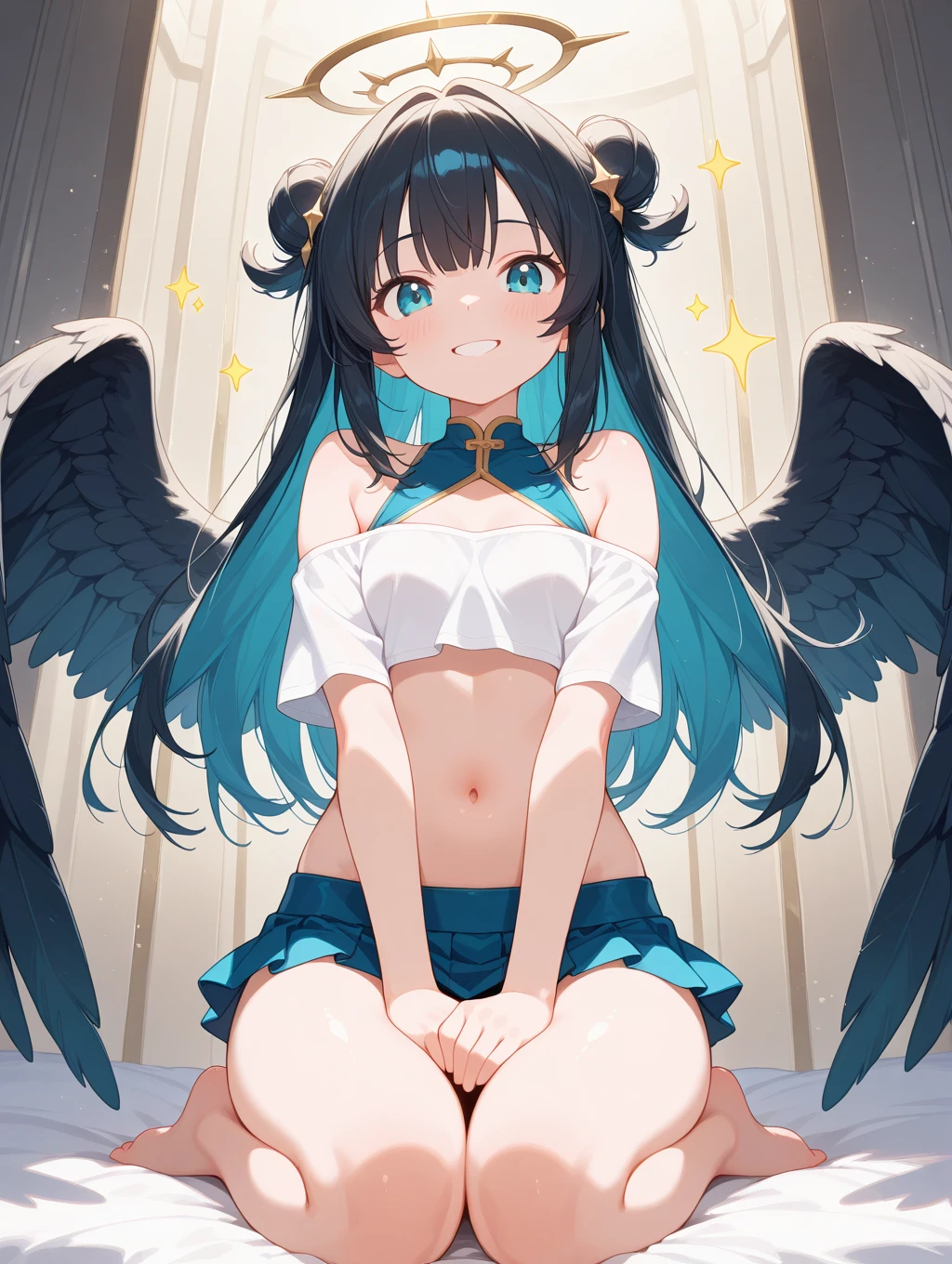 (flat color:1.3),(colorful:1.3),(masterpiece:1.2), best quality, masterpiece, original, extremely detailed wallpaper,1girl,solo,colorful spell, naked, niples, particles, high definition, magical, misteryous, night, reflections, BREAK angel, perfect face, expressive eyes, bangs, messy hair, happy, water, holy, spectral, divine, feathers, abstract background